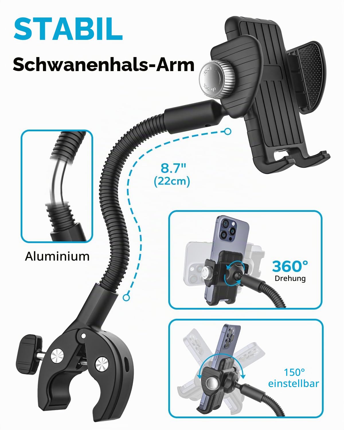 GDZN Kinderwagen Rollstuhl Handyhalterung, [Stabilem Metallarm] Schwanenhals Laufband Handy Halterung, Heimtrainer Stange Rohr Lenker Klemme für iPhone 17 16 15 Pro Max 4-7 Zoll Smartphone