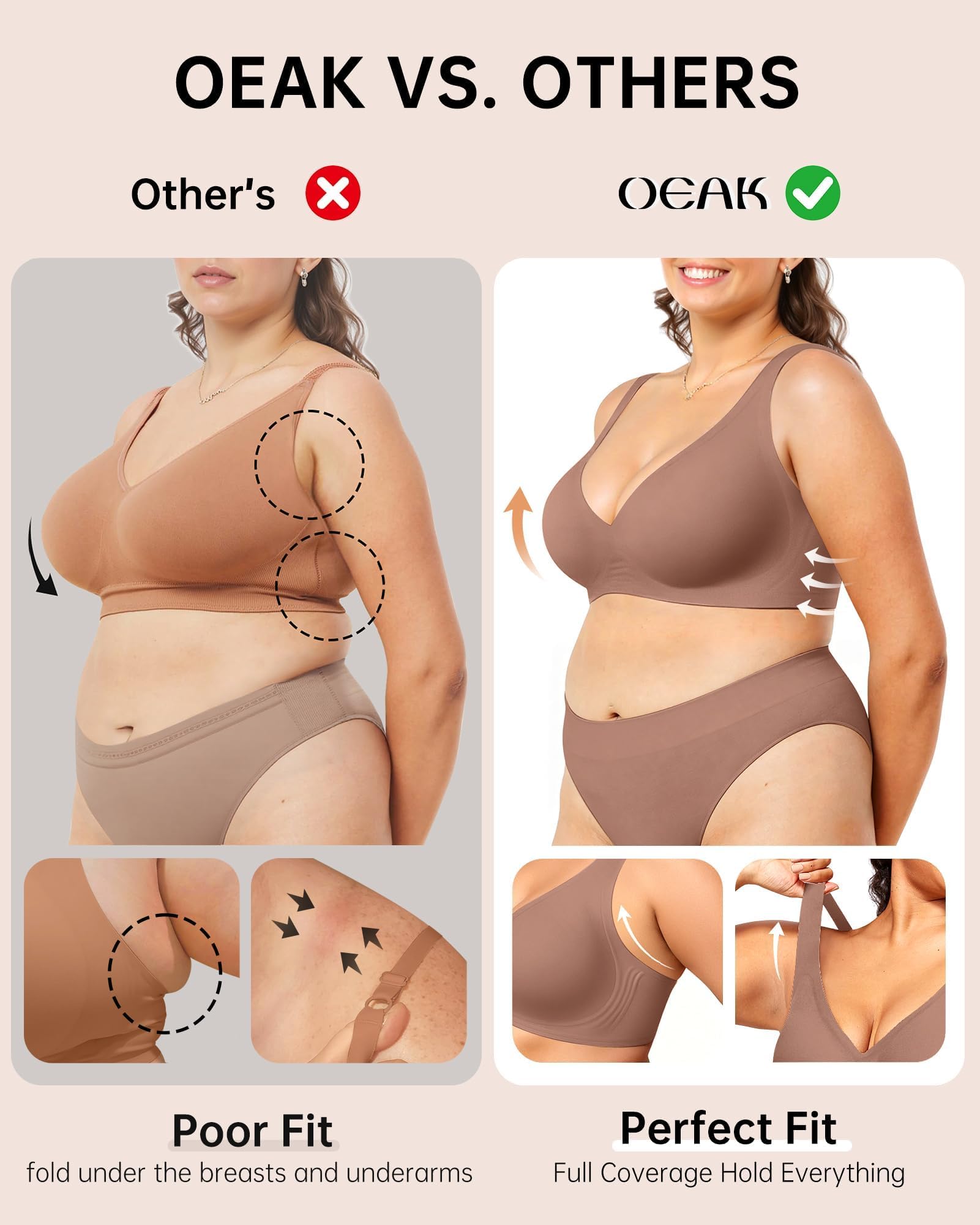 OEAK Womens Deep V Bras Wireless Comfortable Bra Supportive No Underwire Bras Tshirt Push Up Bralettes Plunge Seamless Bra Coffee M view 4