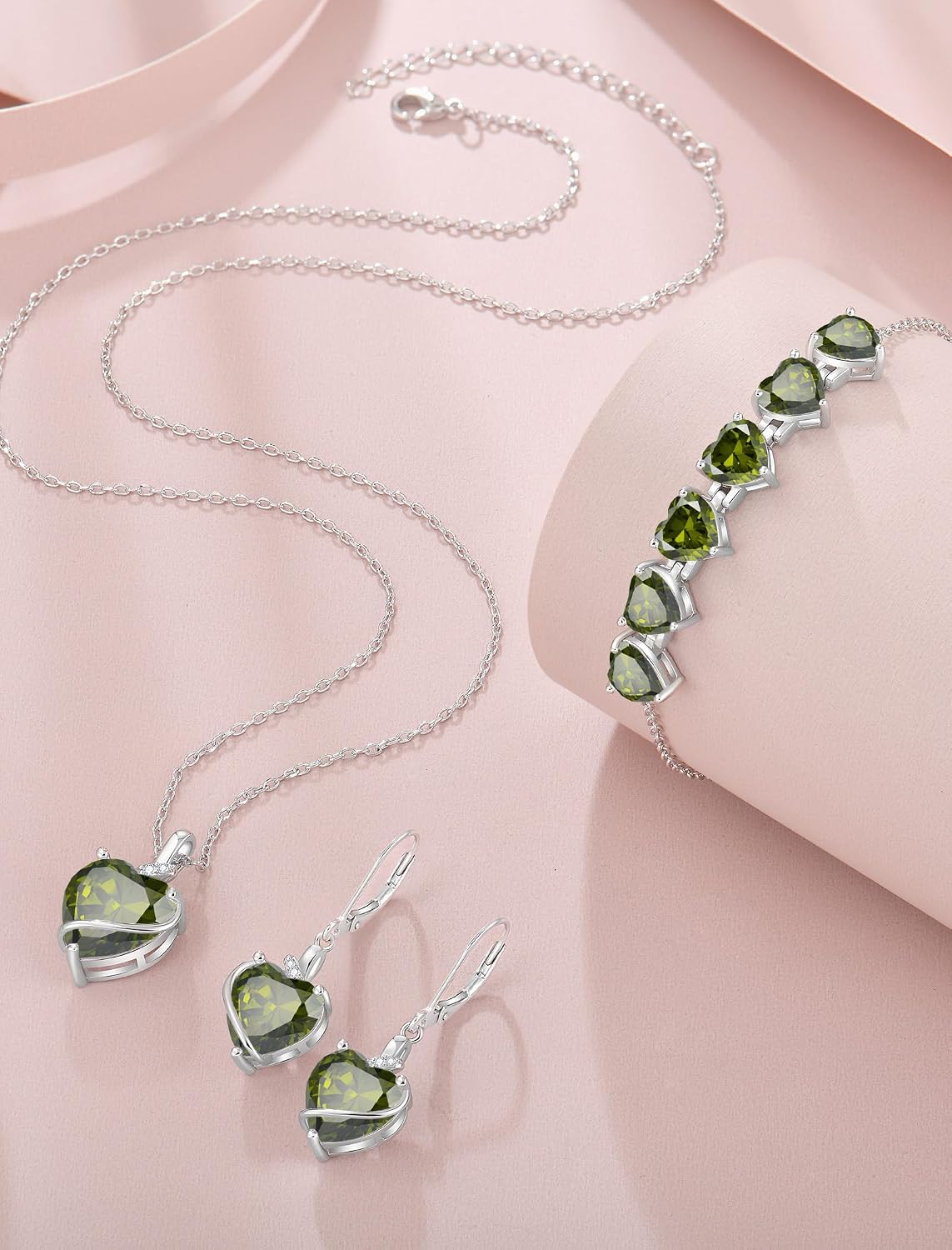 Peridot Jewelry Set Silver Tone Heart Shaped August Birthstone Pendant Necklace Dangle Drop Earrings for Women