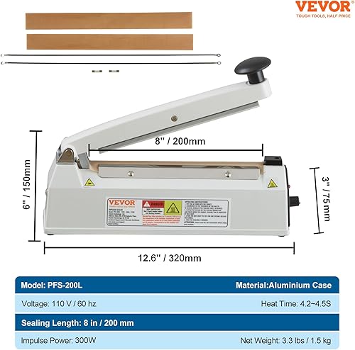 Miniatura 7 de VEVOR Sellador de impulso de 8 pulgadas, máquina de sellado térmico manual con modo de calefacción ajustable, selladores de bolsas retráctiles de