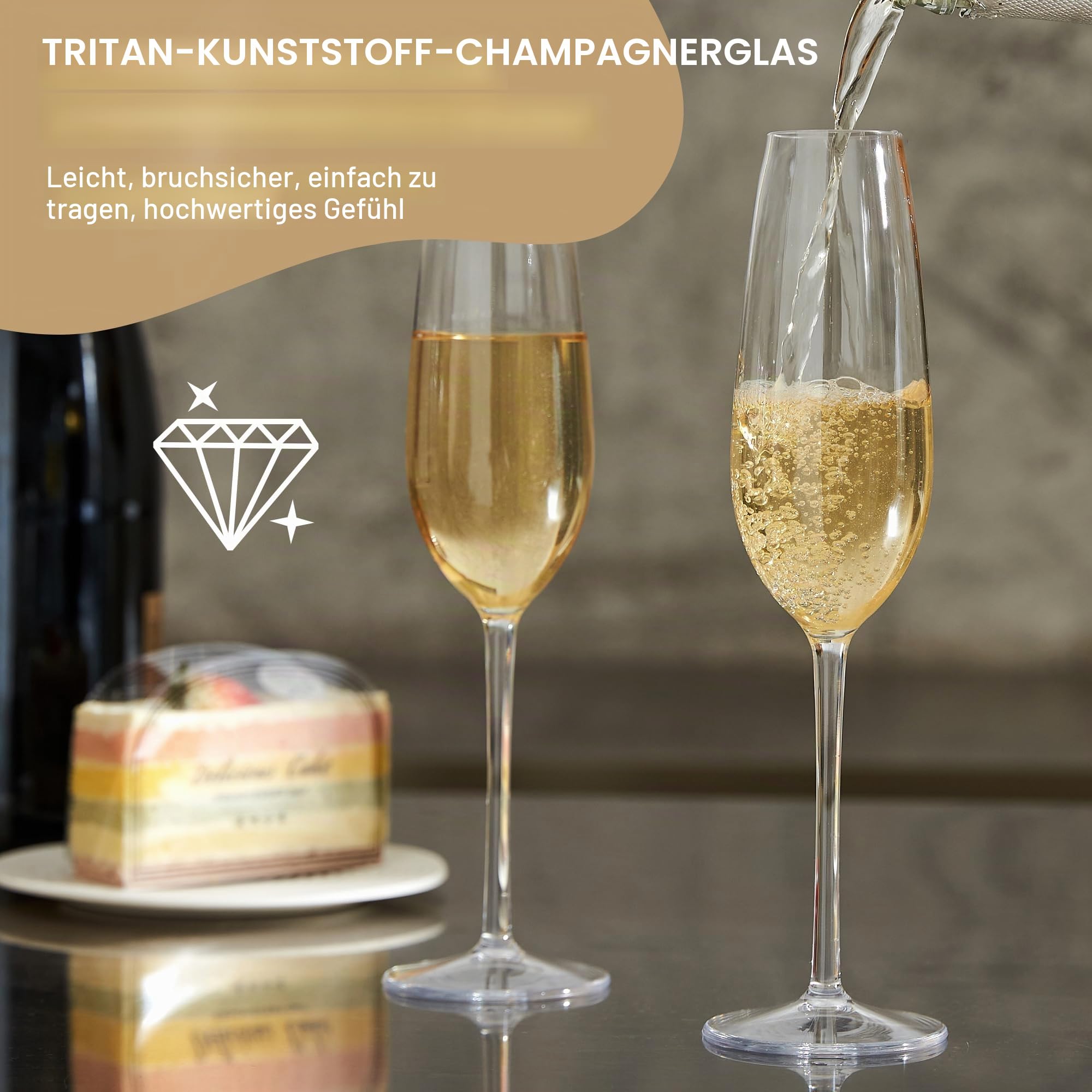 HAHASHOW Unzerbrechlich Tritan-Kunststoff Champagnergläser, Sektgläser, Camping Weingläser, 226ml Sektflöten für Party, Spülmaschinenfest, 4er Set