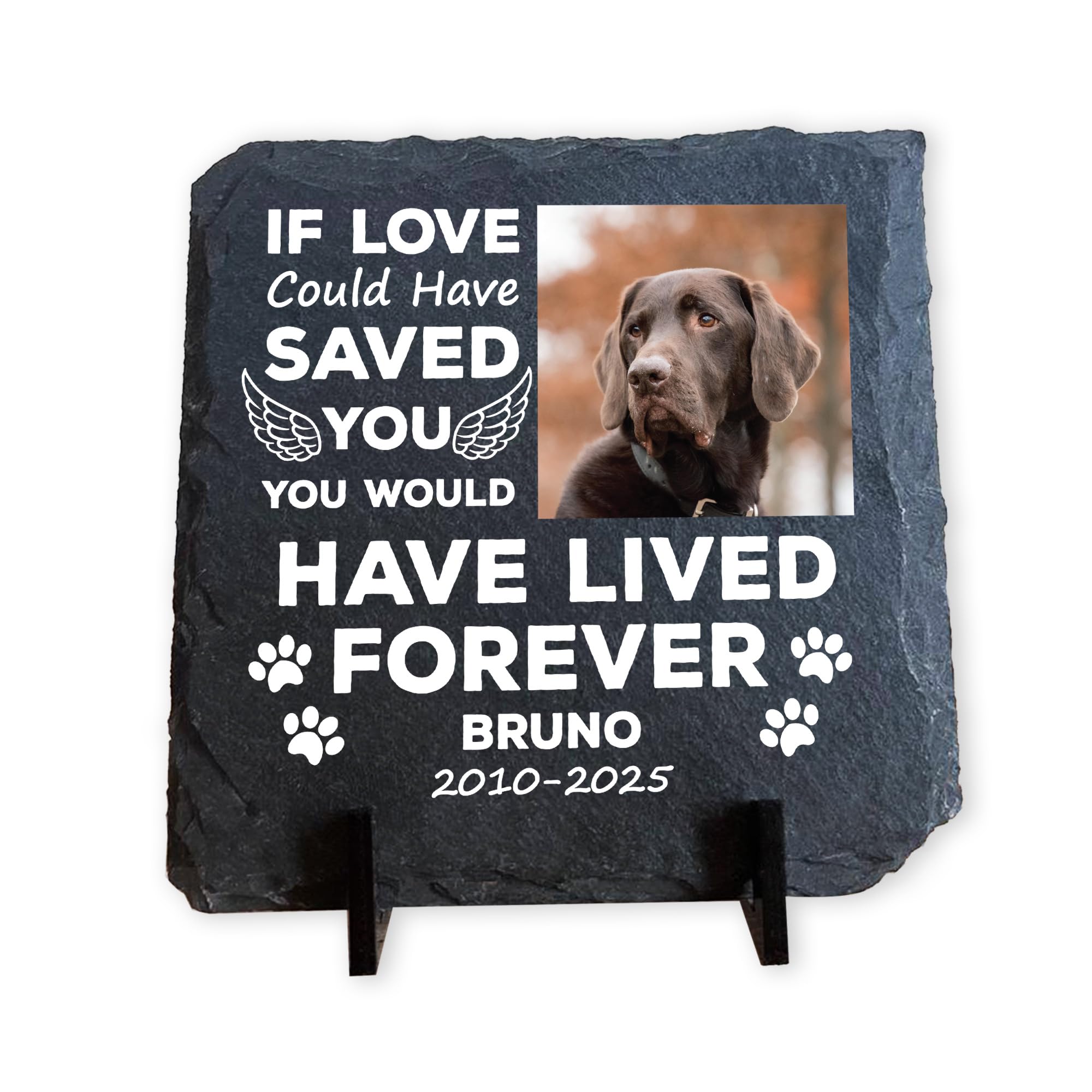 RED OCEAN Personalised Pet Memorial Plaque with Photo - Dog Memorial Gifts, Dog or Cat Remembrance Gift Freestanding Pet Loss Sympathy Keepsake Custom Natural Slate with Stand (Lived Forever)