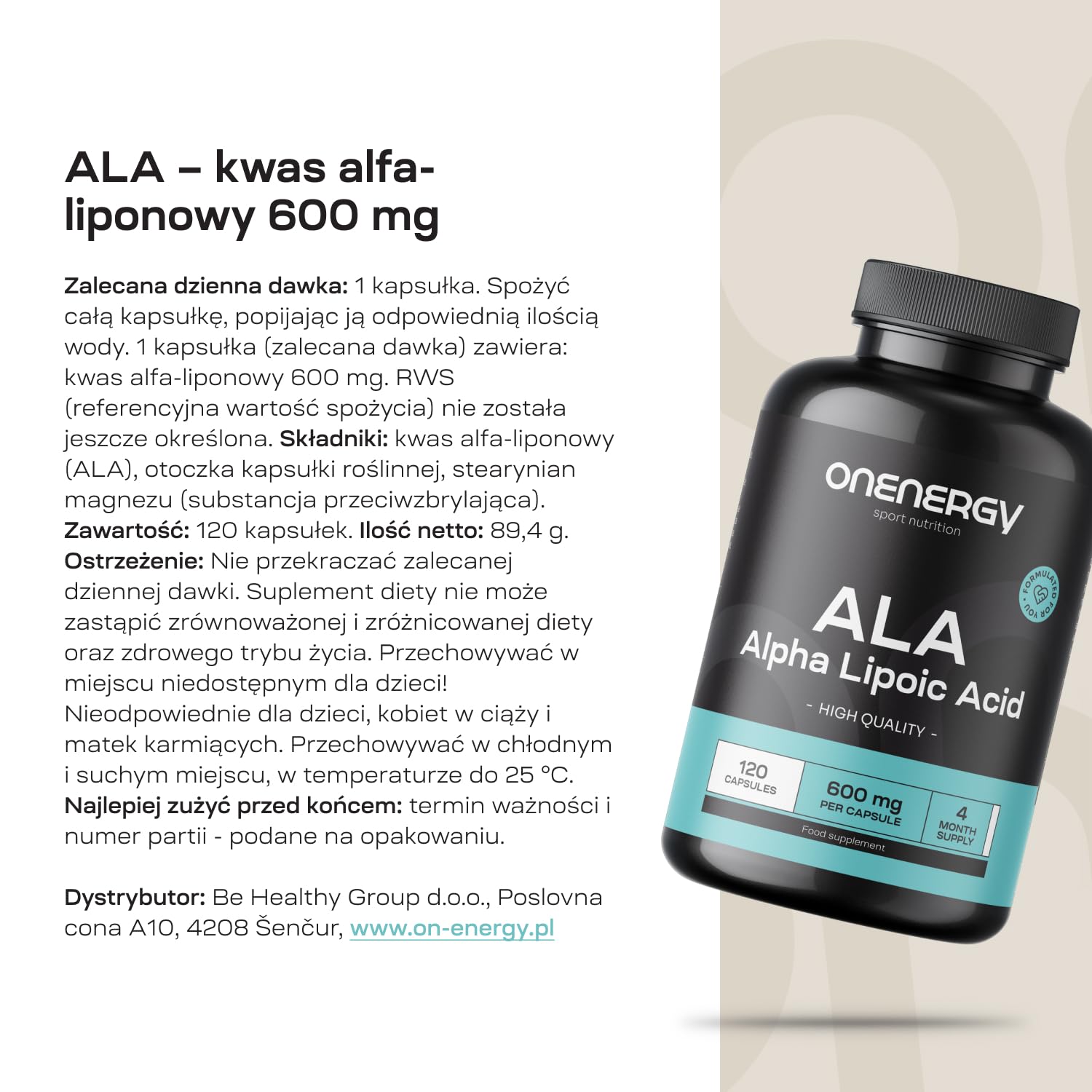 ALA – Kwas alfa-liponowy 600 mg – 120 kapsułek roślinnych – Zapas na 4 miesiące – Wysoka dawka – Dla sportowców i osób aktywnych fizycznie – Dodatkowa energia
