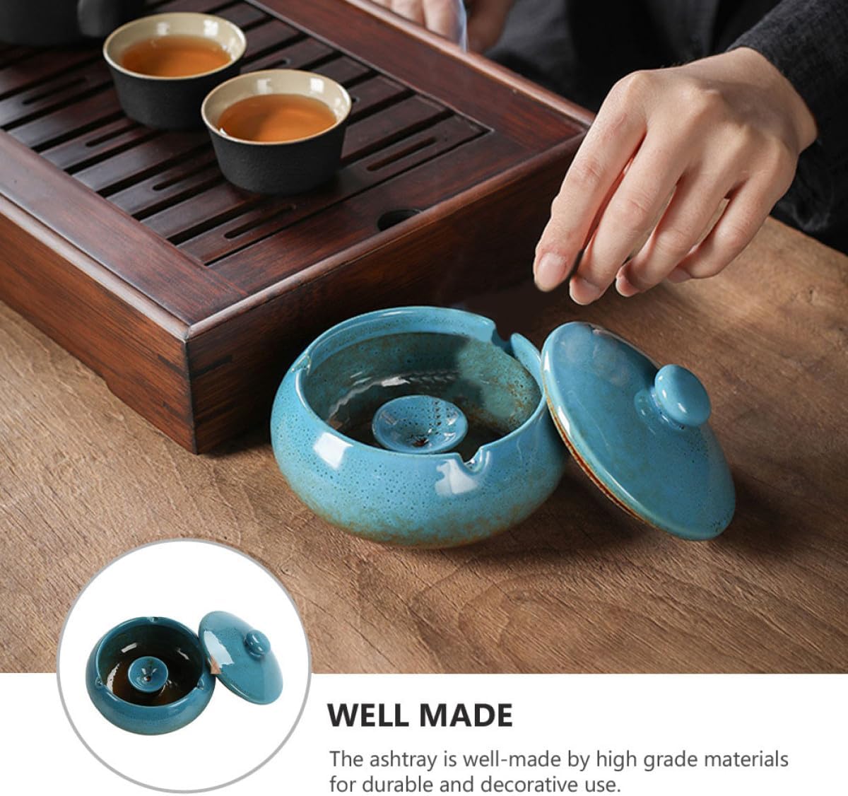 Kichvoe Chinese Style Ceramic Ashtray with Lid Vintage Blue Household Cigarette Ashtray for Office Hotel and Home Use Container