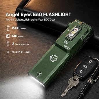 RovyVon E60 3-in-1 Rechargeable EDC Flashlight with White/UV/Red Sidelights | 1500 Lumens White Light, Green Beam(<5mW), 3W UV Light Front Combo, Slim Flat Flashlight for Outdoor, Camping, Emergencies
