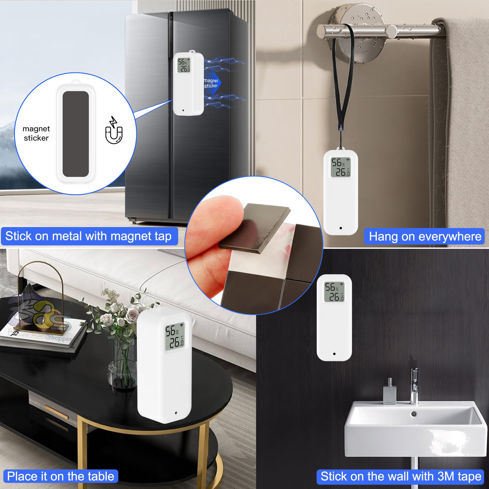 Termometro Igrometro Intelligente Digitale, Sensore di Temperatura e Umidità WiFi con Fodera Magnetica Autoadesiva, Sensore di Temperatura di Calibrazione con Notifiche dell'App.Compatibile Alexa.2PCS