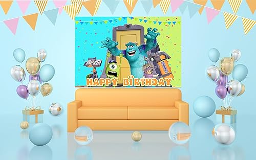 Miniatura 3 de Telón de fondo verde de Monster Inc para suministros de fiesta de cumpleaños, 5 x 3 pies Monster Inc Boo Theme Baby Shower Banner para fiesta de