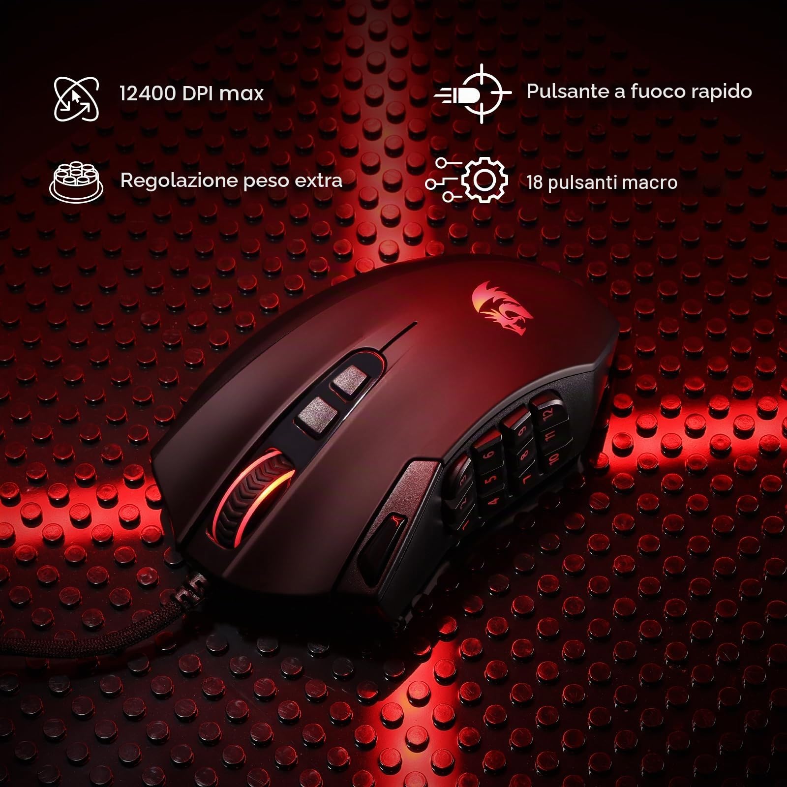Redragon M921 Mouse MMO Cablato RGB 12400 DPI 18 Tasti Programmabili Gioco | 12 Tasti Macro Laterali Alta Precisione Supporto Software per PC Portatile Gioco