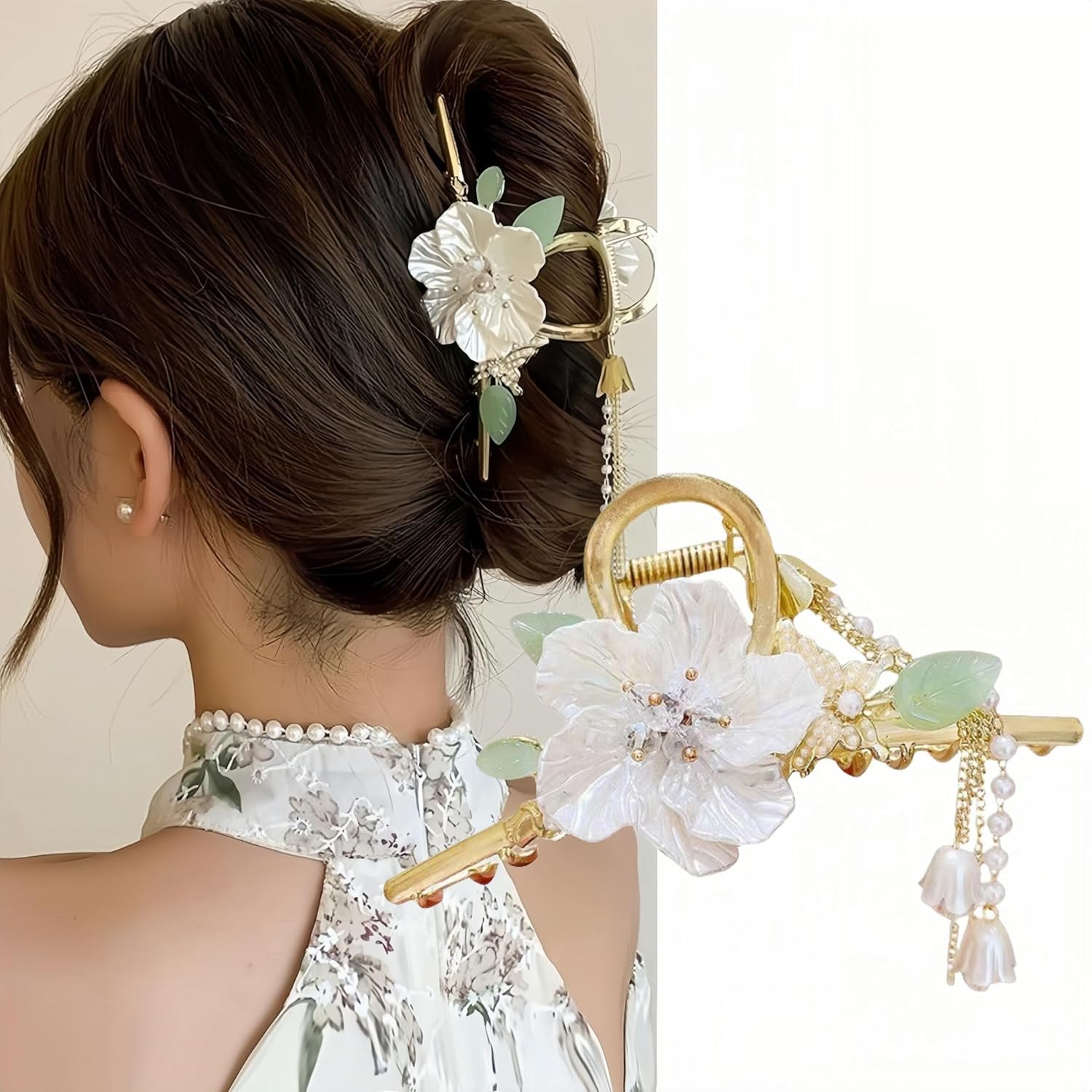 HONEY ACCESSORIES-1pcs Vintage Flower Hair Shark Clip Hairpin Women,Chinese Luxury Tassel Pearl Metal Hair Clips Ponytail Holder Hair Clips Women Girls Hair Accessories-image-24