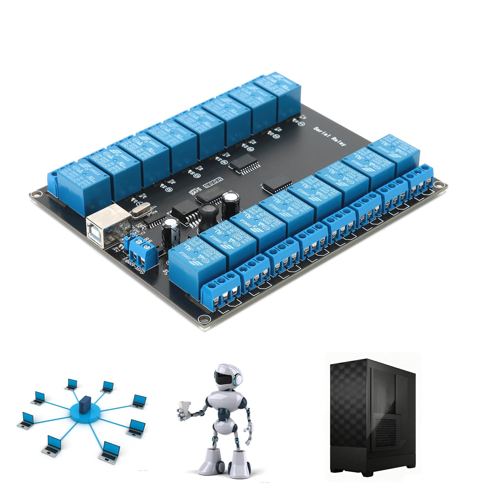 Módulo de relé de 16 canales, controlado por USB, CC 7-38 V
