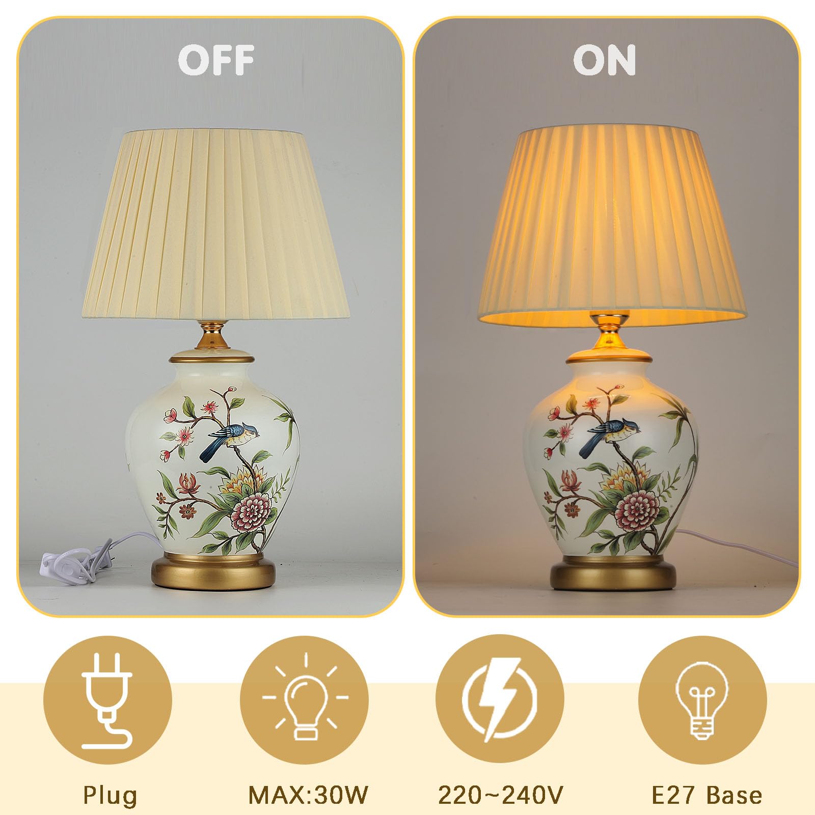 Tischlampe aus Keramik, Vintage, Nachttisch- und Wohnzimmerlampe, weißer Stoff, moderner Stil, E27, Weiß