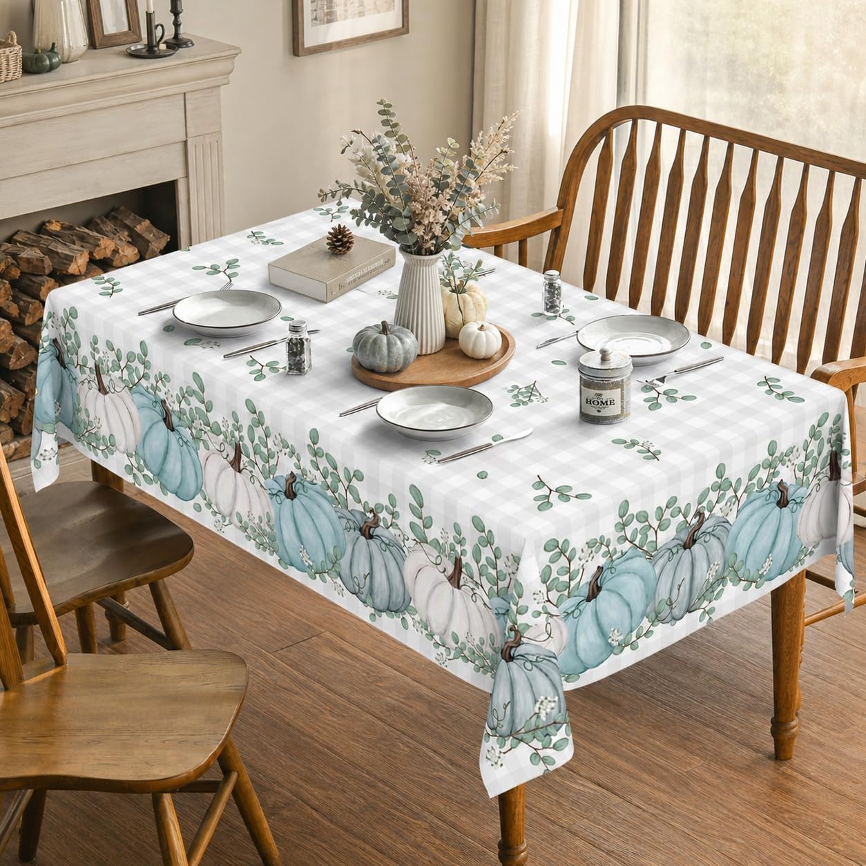 Horaldaily Fall Tablecloth 60x84 Inch Rectangular, Thanksgiving Autumn Harvest Blue Pumpkin Buffalo Plaid Table Cover for Party Picnic Dinner Decor