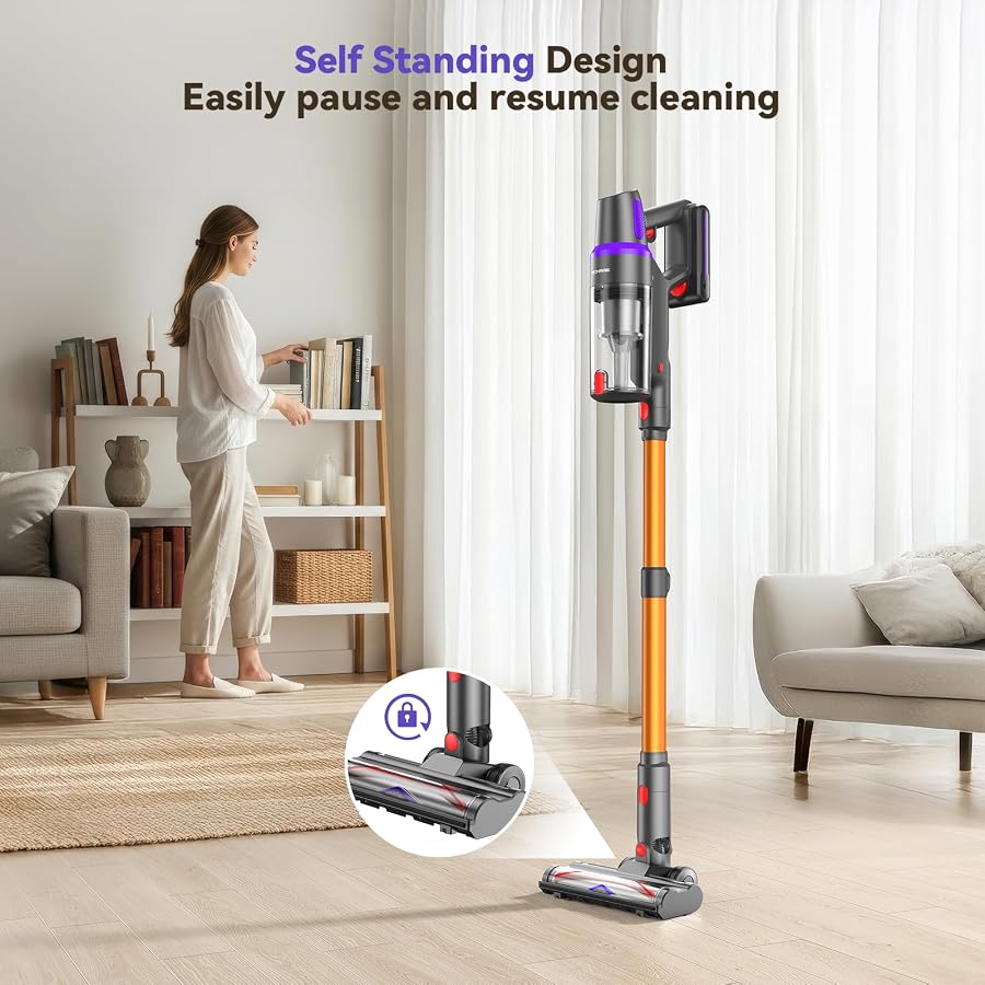 TechRise Cordless Vacuum Cleaner - 550W|45KPA|65Mins Stick Vacuum | Anti-Tangle brush, LED display & green headlight. Self-standing lightweight design. 8-in-1 for carpet, hardwood & pet hair, image 4