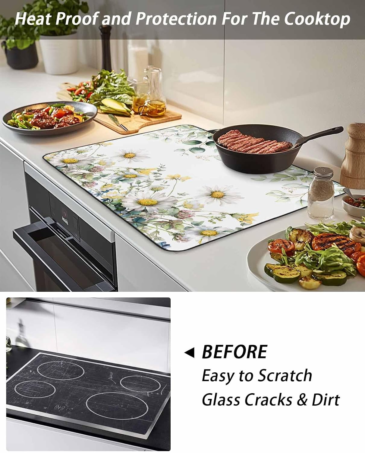 Stove Cover for Electric Stove 24x21 Inch Sage Green Leaf Daisy Stove Top Cover Flowers Plant Glass Cooktop Covers Anti-Slip & Heat Resistant Countertop Protector Home Kitchen Decor