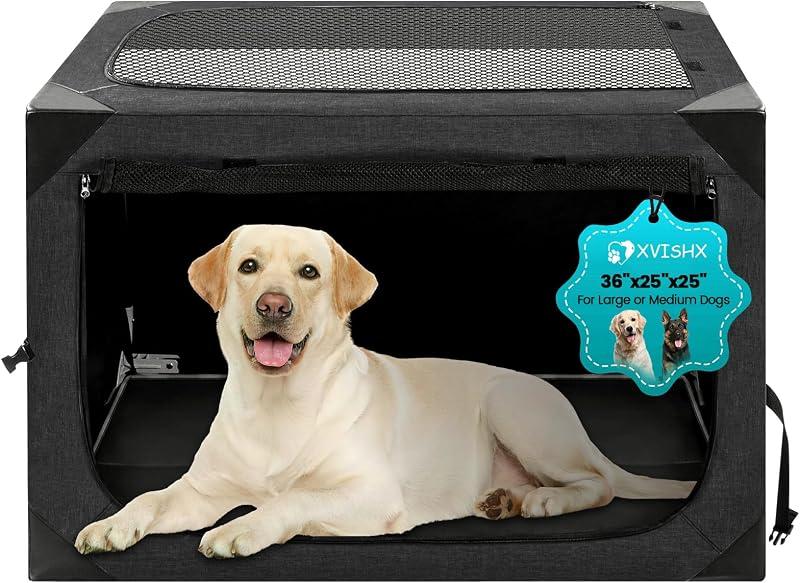 Caixa de Transporte Dobrável para Cães XVISHX com 3 Portas e Tela Respirável, Cinza-escuro, 91,44 x 63,5 x 63,5 cm