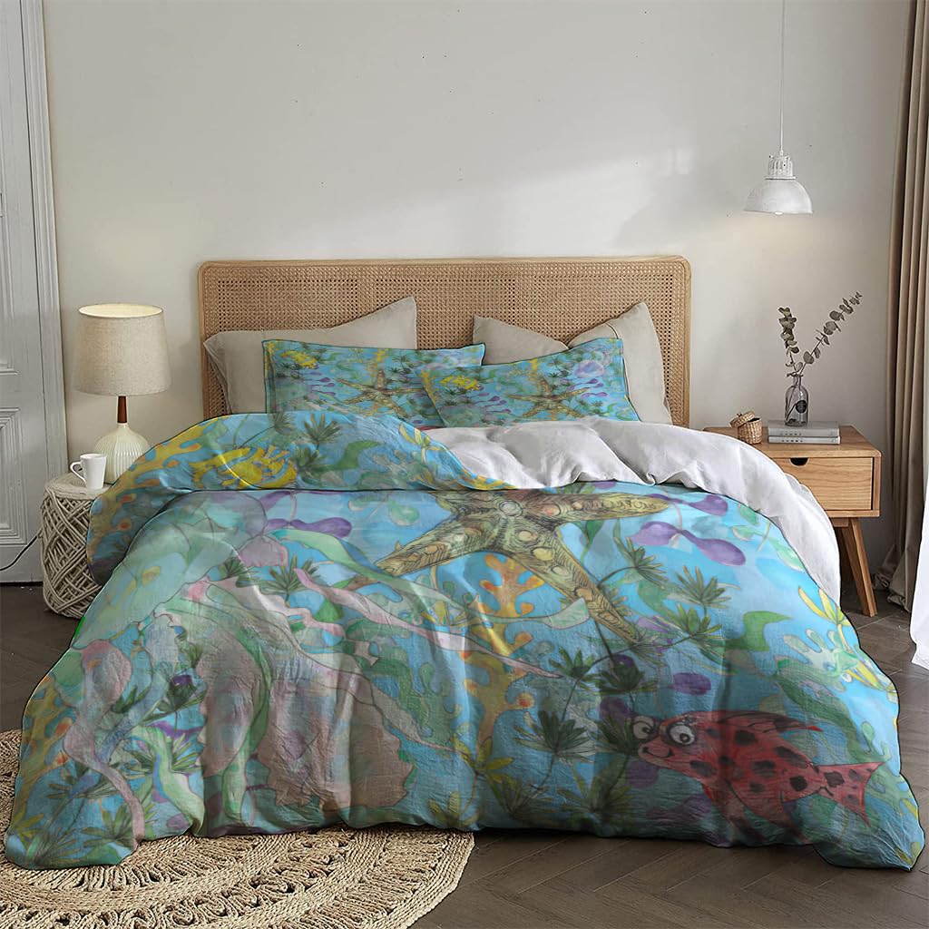 NIBAINLO 布団カバー海中-航海-水彩画-海の生物-海洋動物 肌に優しい ピーチスキン加工 掛け布団カバー 和式 洋式 あったか 布団カバーセット リバーシブル ホームステイ ホテル 家庭兼用