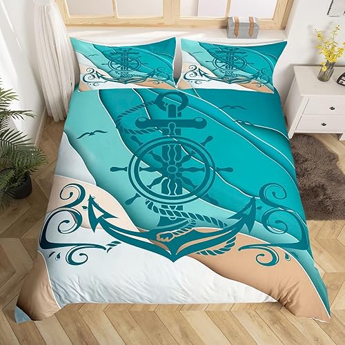 Miniatura 3 de Erosebridal Funda de edredón costera del océano, juegos de ropa de cama con ancla náutica, tamaño King, funda de edredón con brújula de gaviota,