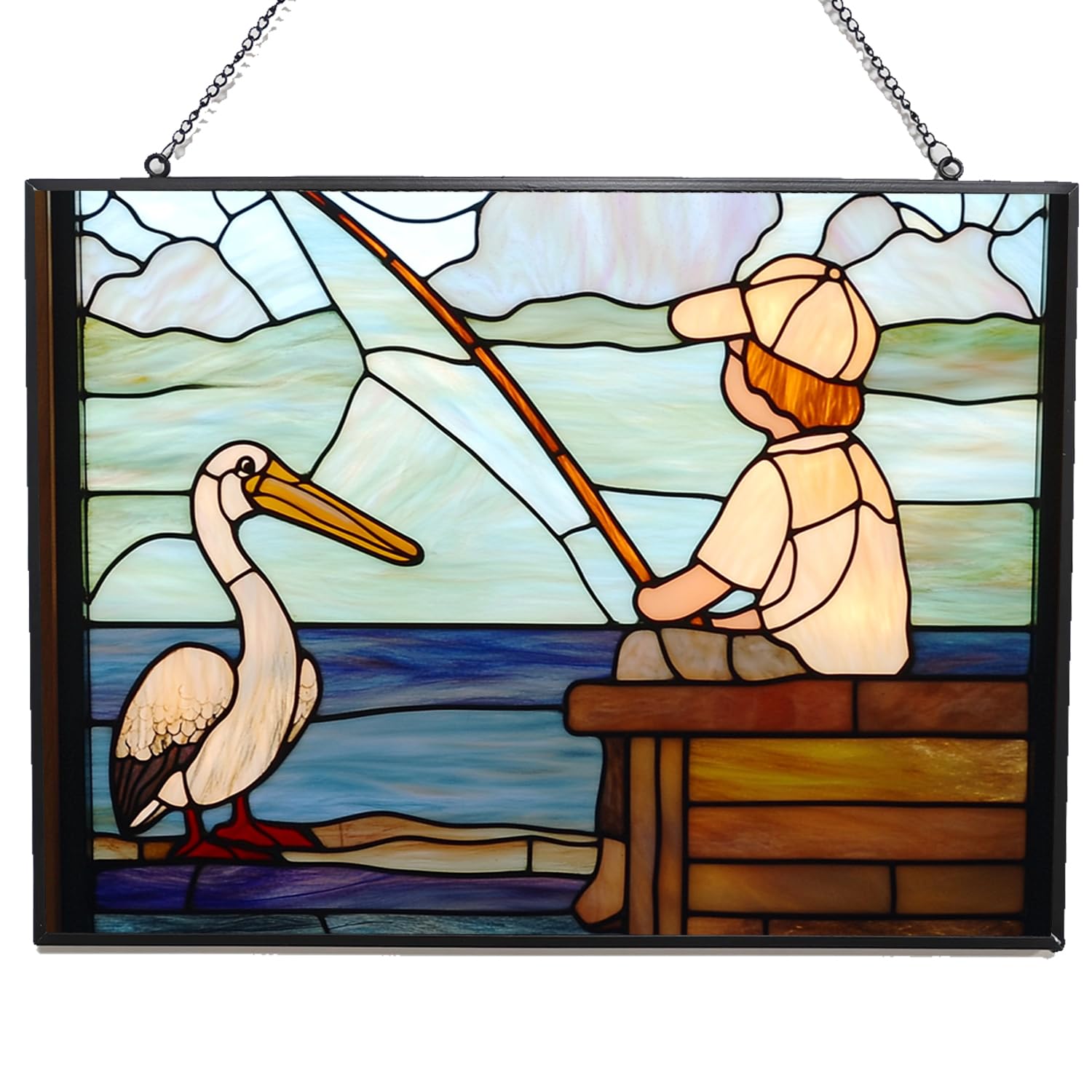 365CUSGIFTS Customized Rectangle Vintage Fishing Stained Glass Window Hanging Suncatcher Stained Glass Home Decor Garden Halloween Christmas Party Wedding Housewarming Gifts