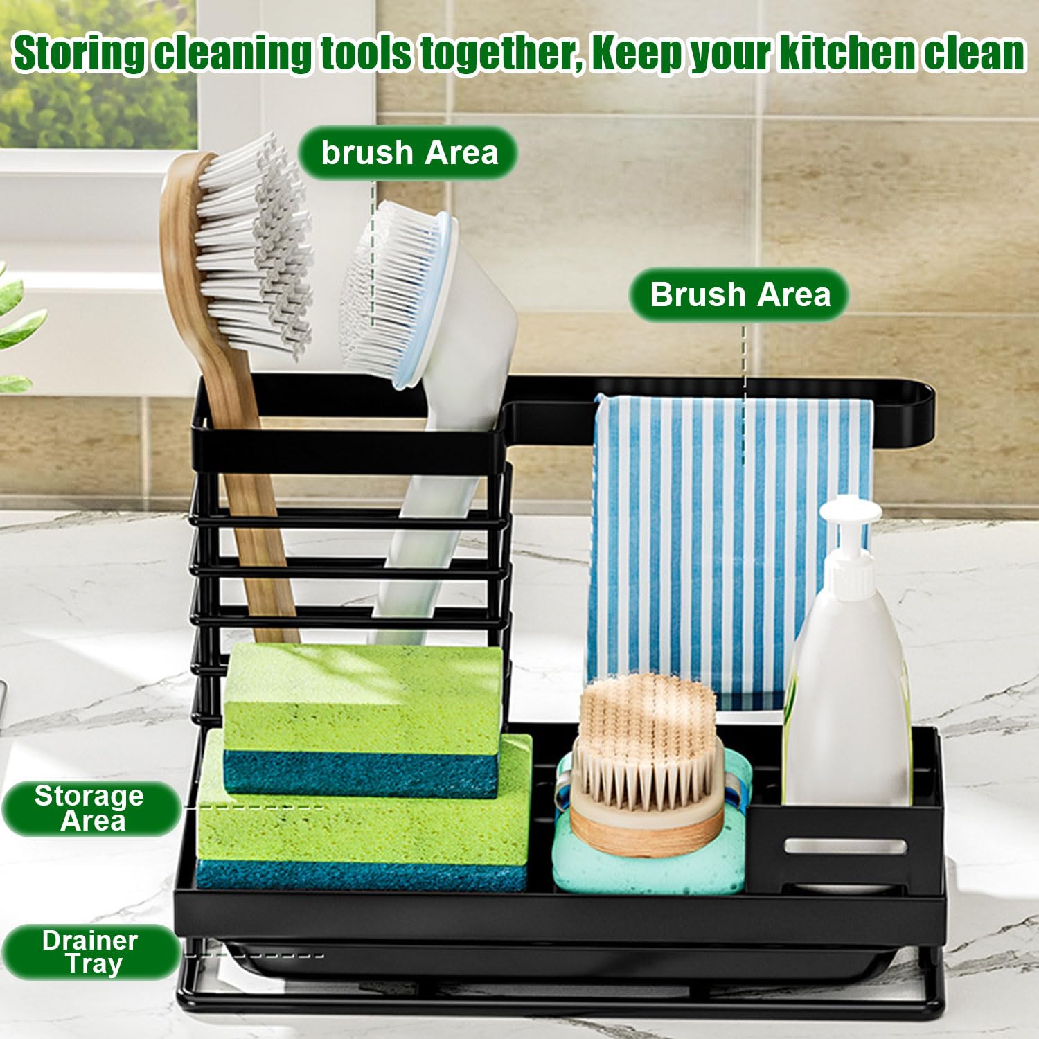 Organizer Per Lavello Da Cucina, Porta Spugna, Vaschetta Di Scarico Organizer Per Lavello Da Cucina Porta Strofinacci Con Due Ganci Senza Fori Nero 90147735