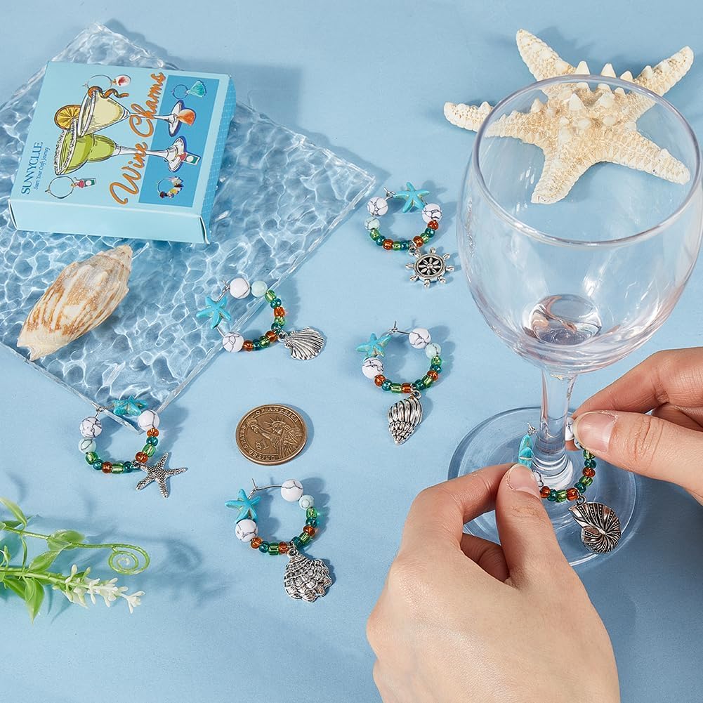 SUNNYCLUE 1 Box 10PCS Alloy Beach Drink Charms Stone Wine Glass Charms Turquoise Energy Stone Beads Summer Turtle Hawaii Drinks Marker Identifiers Tags for Stem Glasses Wine Tasting Party Decor