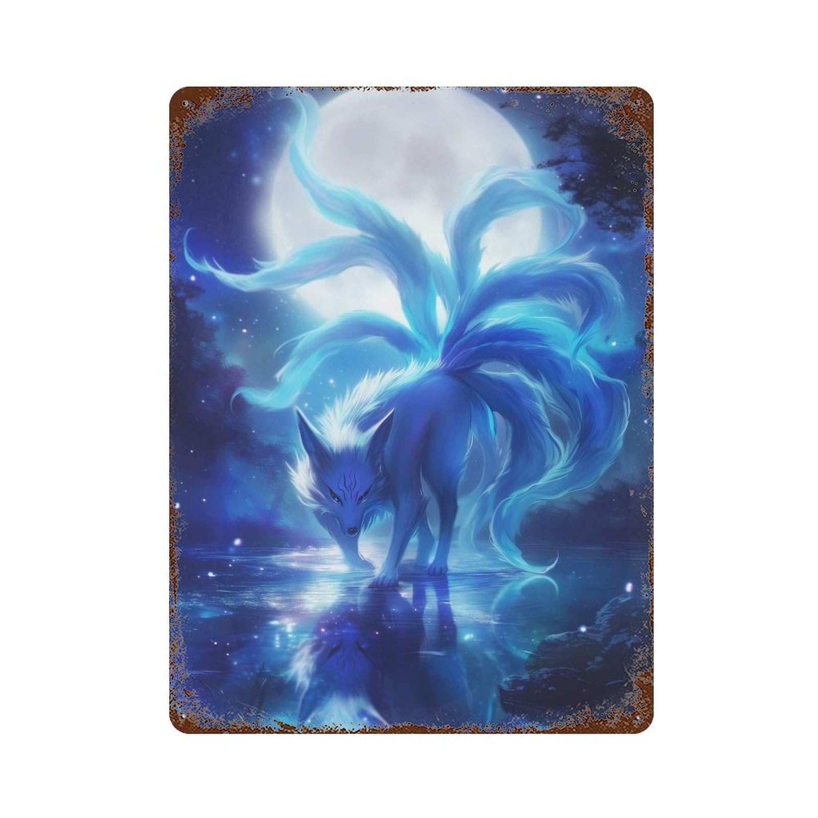 Decorative Tin Sign with Nine-Tailed Fox Under Moonlight Design 15.7"x11.8", for Farmhouse, Kitchen And Entryway Decor, Decorative Metal Wall Art
