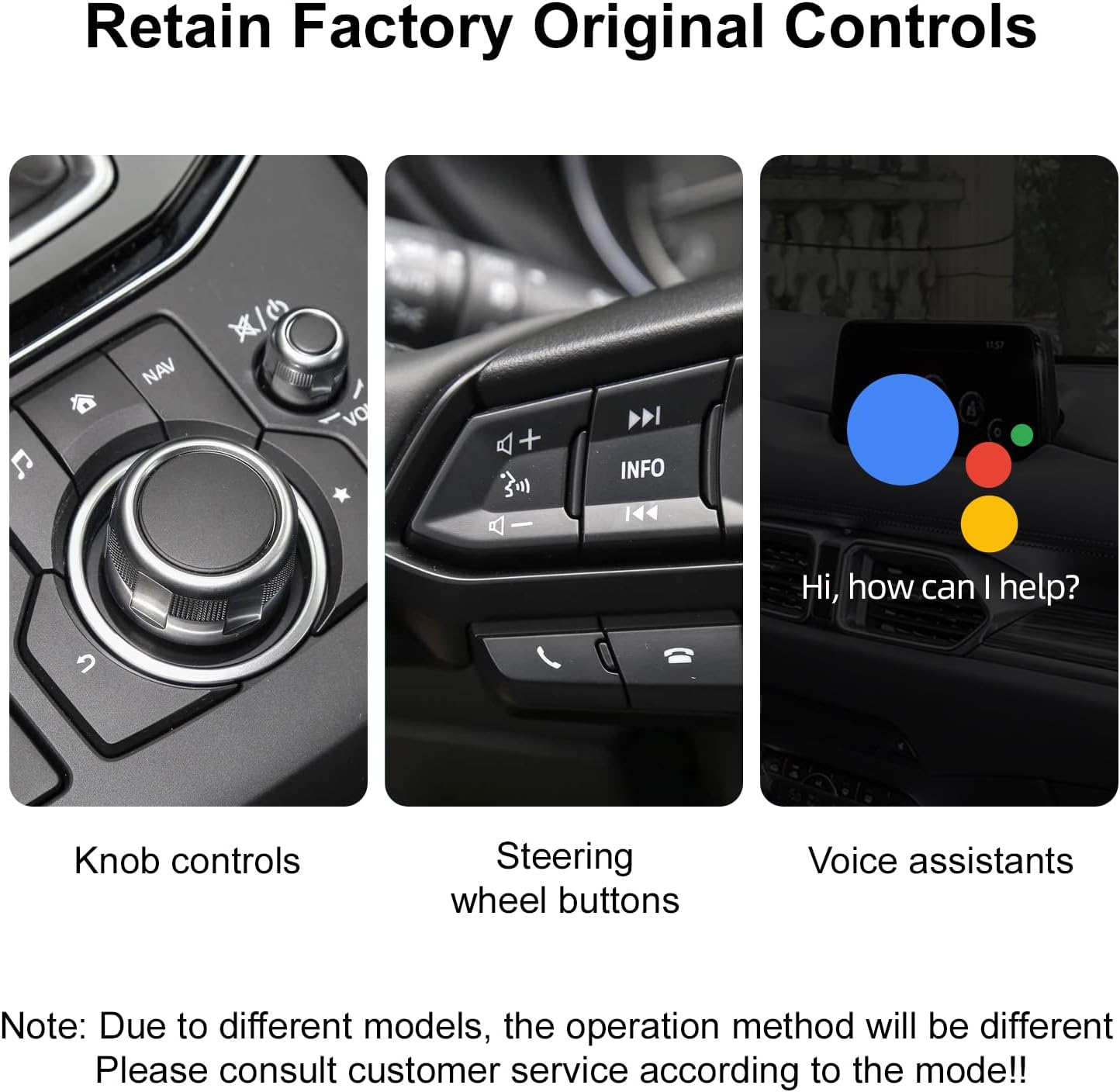Images showing Mazda's knob controls, steering wheel buttons, and a voice assistant interface on the screen.