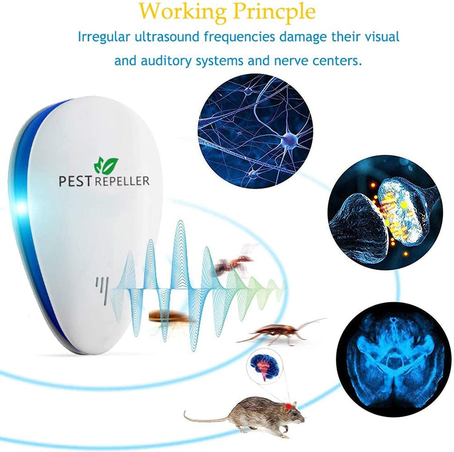Diagram illustrating the working principle of the pest repeller, showing irregular ultrasound frequencies damaging visual, auditory, and nerve centers of pests like a mosquito, cockroach, and mouse.