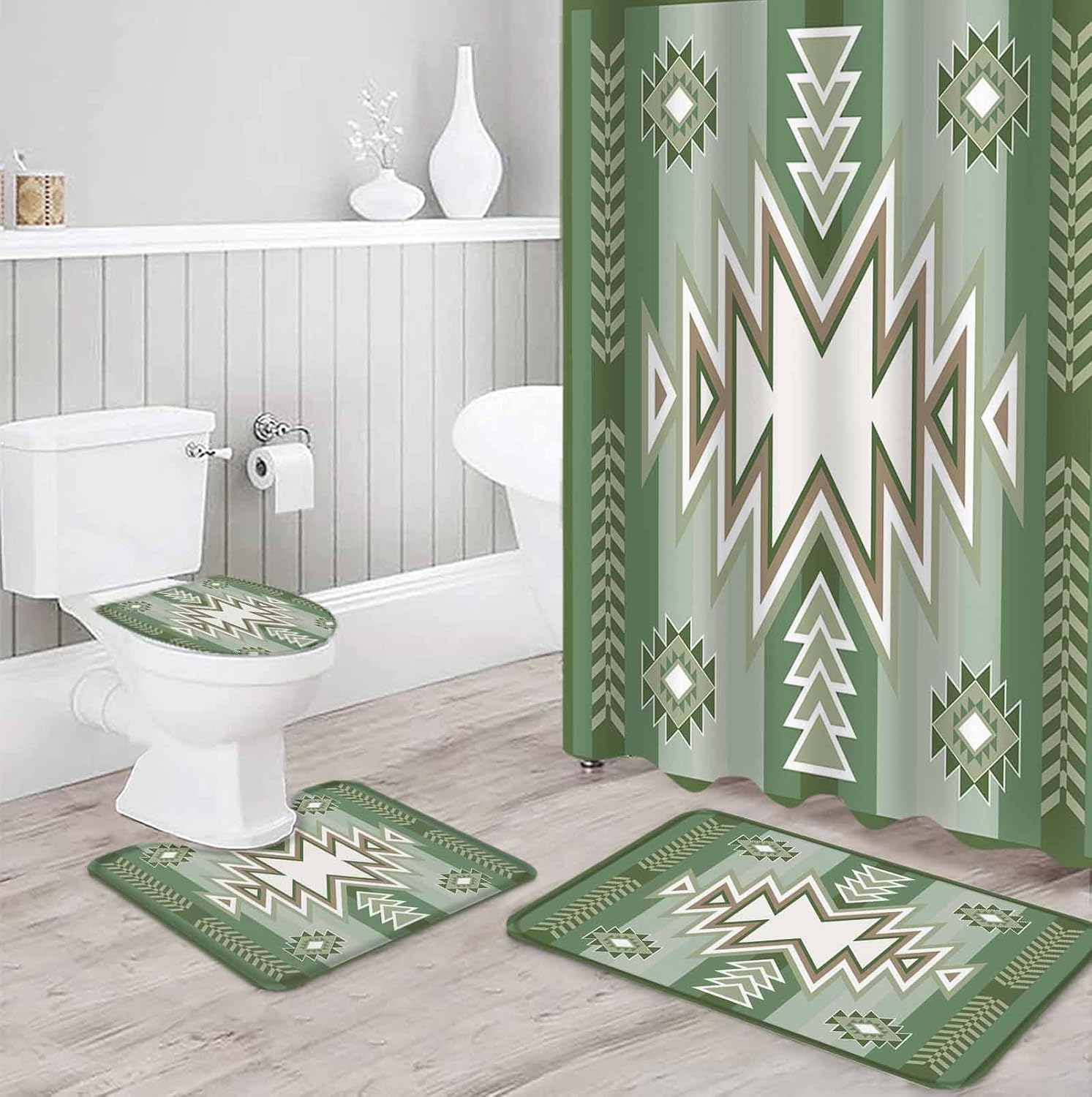 Sage Green Aztec Bathroom Set with Shower Curtain and Rug and Accessories - 36x72 Inches Long Stall Curtain Waterproof with Large Bath Mat,12 Hooks Boho Native American Southwest Farmhouse Mexican