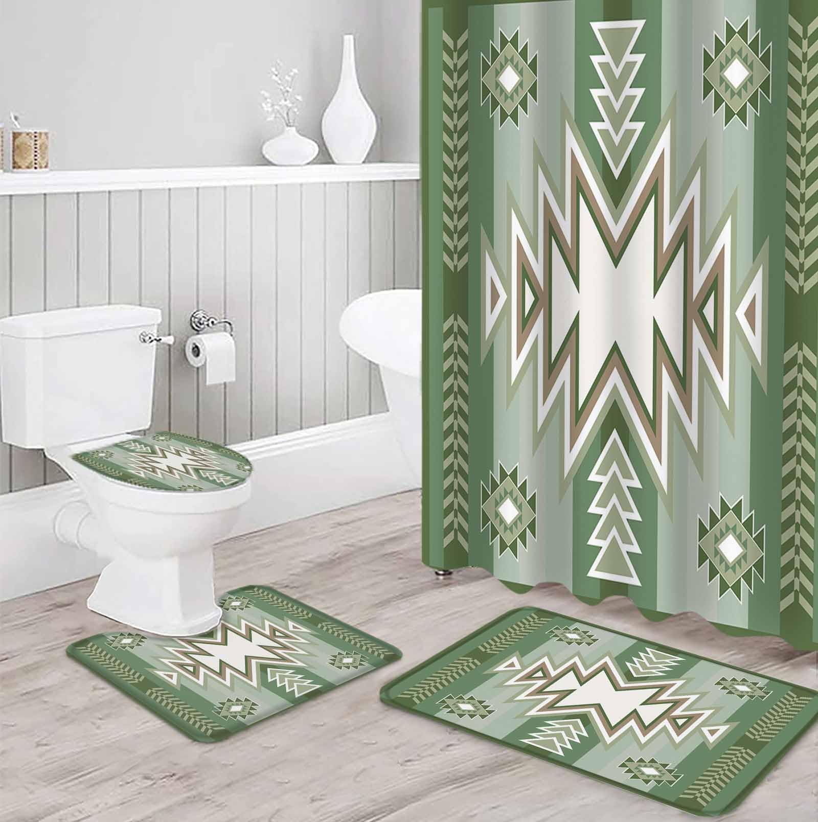 Sage Green Boho Bathroom Set with Shower Curtain and Rug Accessories - 36x72 Inches Long American Native Southwest Abstract Art Stall Curtain Waterproof with Large Bath Mat,Washable Runner Rug Set