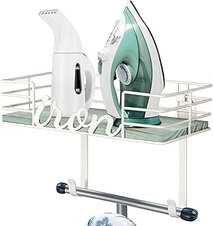 TJ.MOREE Ironing Board Hanger Wall Mount - Laundry Room Decor Iron and Ironing Board Holder, Metal Wall Mount with Large Storage Blue Wooden Base Basket and Removable Hooks (Turquoise)