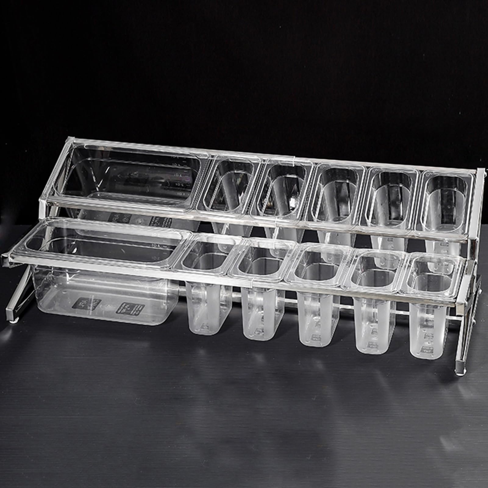 Estante expandible de acero inoxidable 304 con cucharas para ensalada de salsa, estante de especias acrílico transparente de 2 niveles, dispensador de hielo para guarnición de bar (plata/B