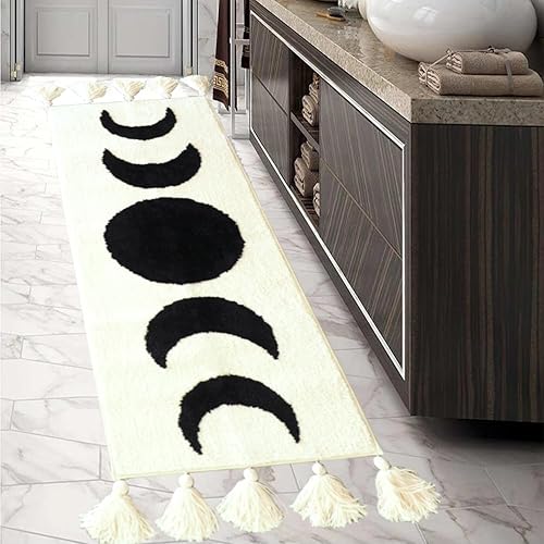 Miniatura 8 de Evovee Alfombra de baño de estilo bohemio con borlas, alfombra de baño con borlas y diseño de media luna, decoración de dormitorio, baño,