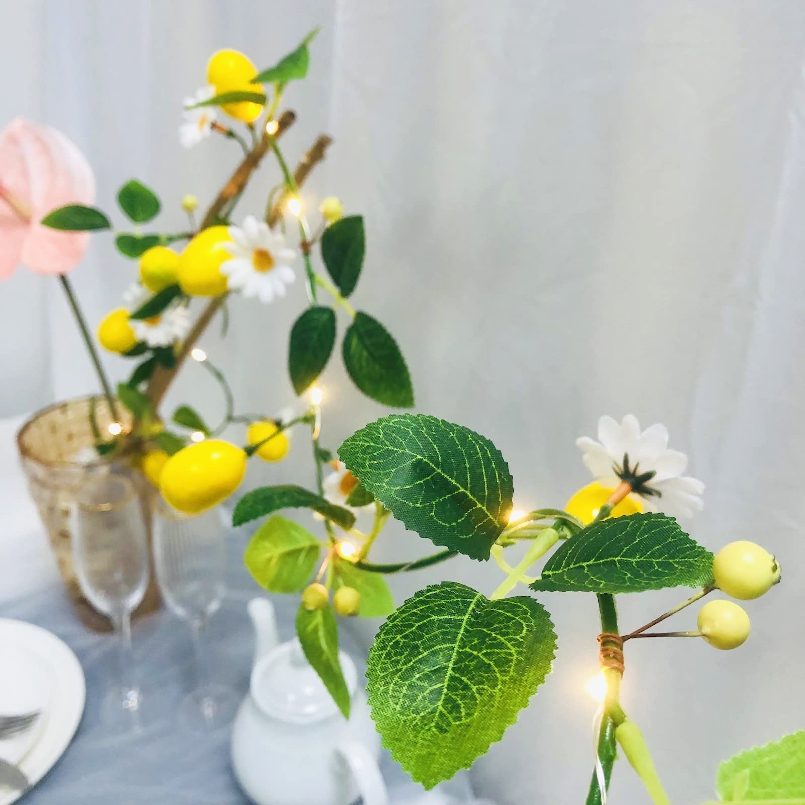 Riaxuebiy Daisy Fairy String Lights 2M Lemon Vine Lights Artificial Flower Fruit Garland with LED Silver Wire Light Strings for Christmas Wedding Bouquets Home Window Decoration (1Pack, Yellow)