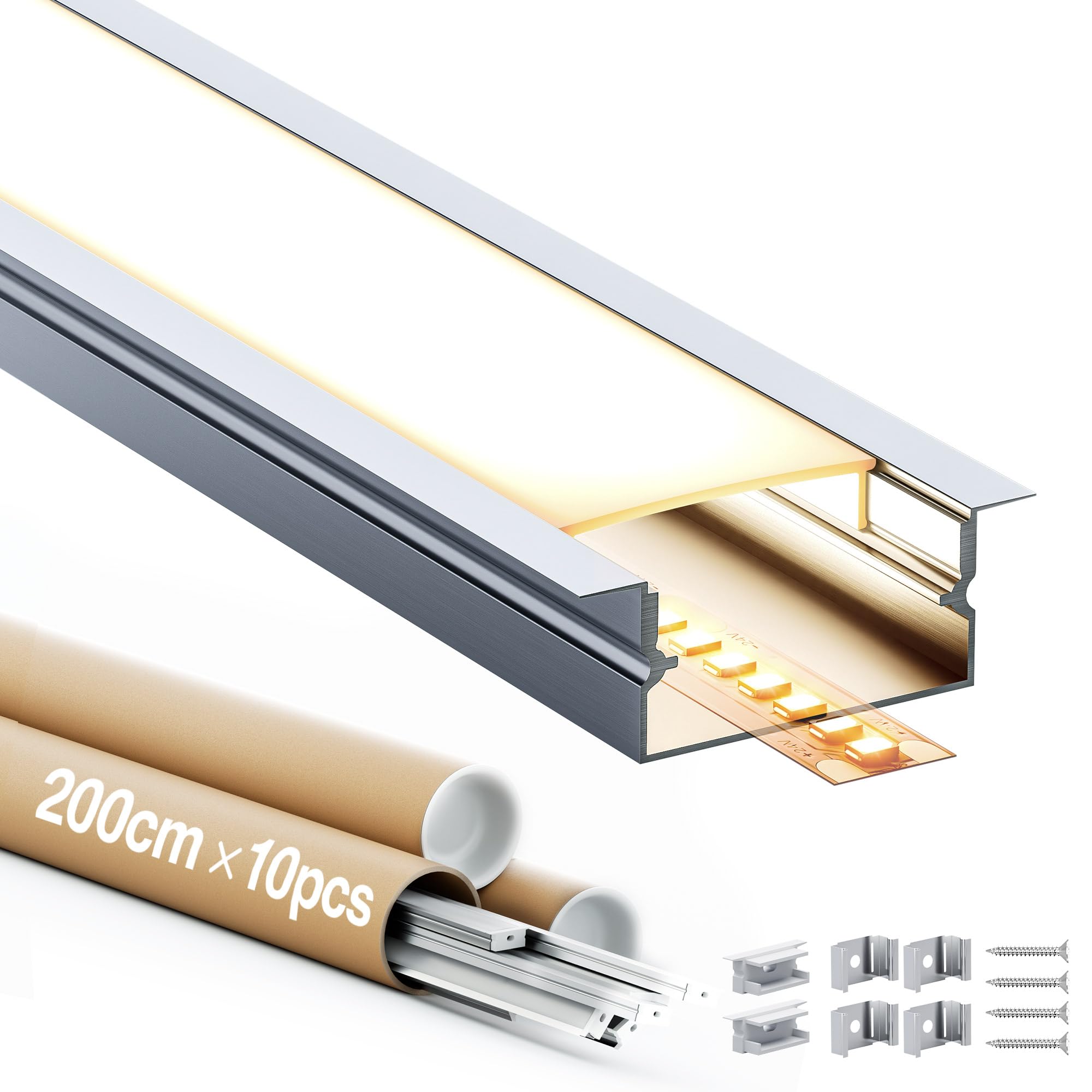 Aluminiumprofil 10 × 2 m (20 m gesamt) für LED-Streifen, Diffusor und Kanal für LED-Streifen bis zu 15 mm - Maße 26,7 x 10 mm (2M 10 Stück).