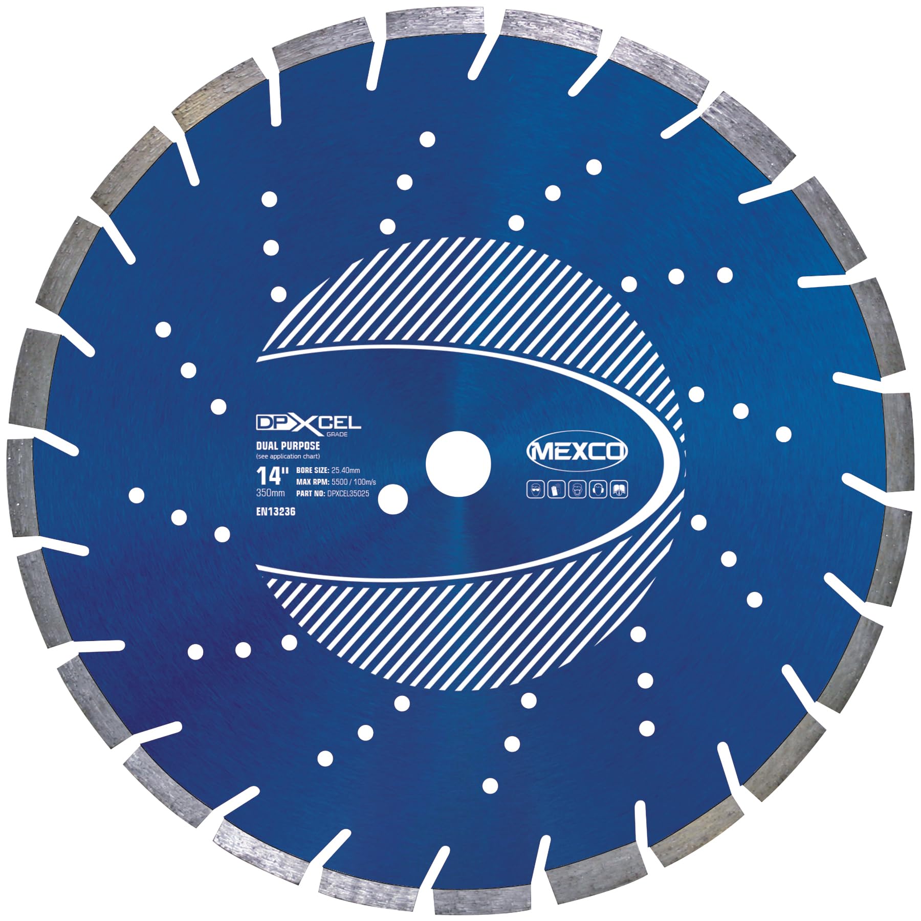 Mexco DPXCEL Dual Purpose Abrasive Diamond Blade, High-Performance Cutting Disc for Concrete, Brick, Asphalt – 350mm, 10mm Segment Height, 25.4mm Bore