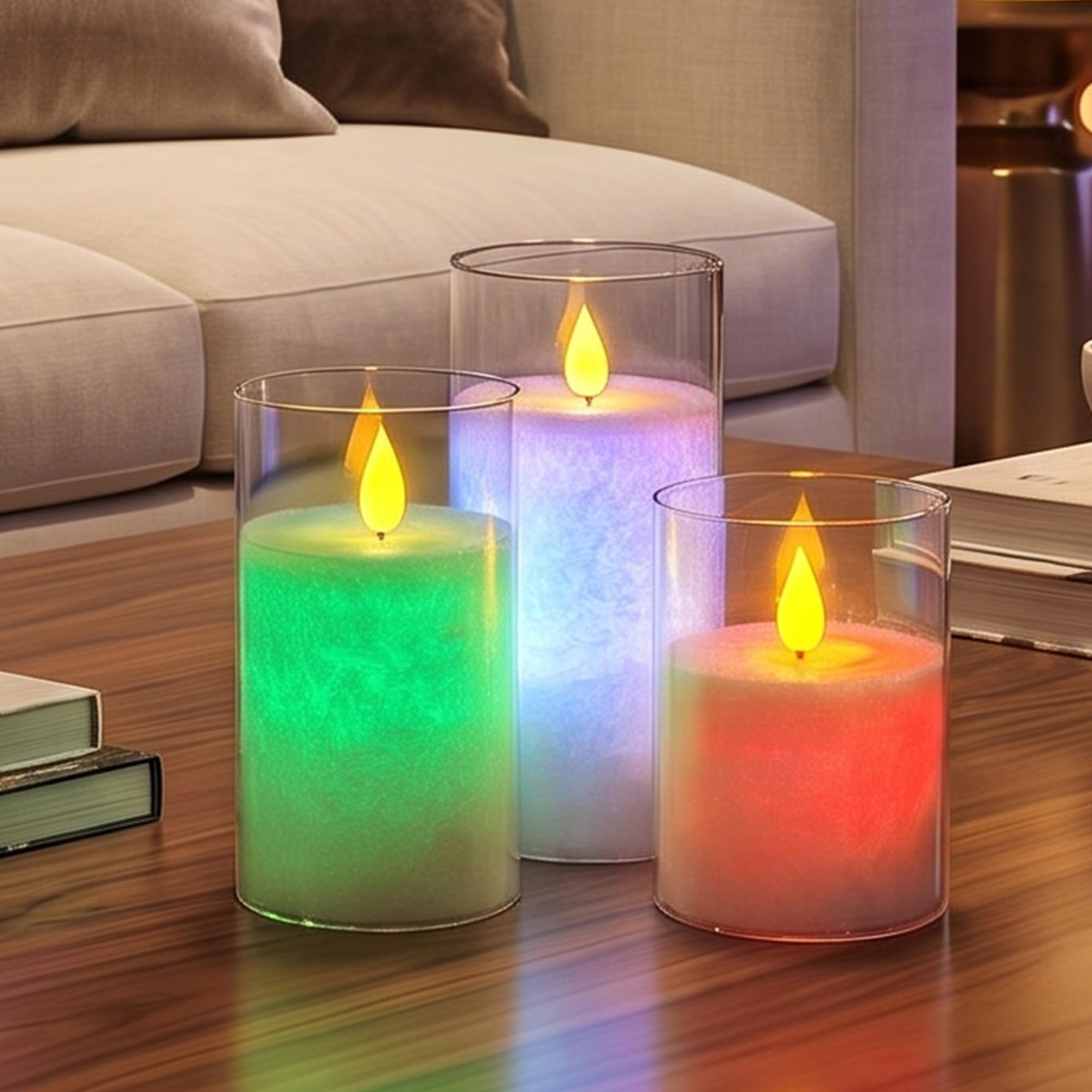 LTETTES Multicolor LED Pillar Candles | Real Glass Shell | Battery Operated with Remote Controller | Flameless Wick | Multicolor Candles for Home Decoration | Set of 3-image-5