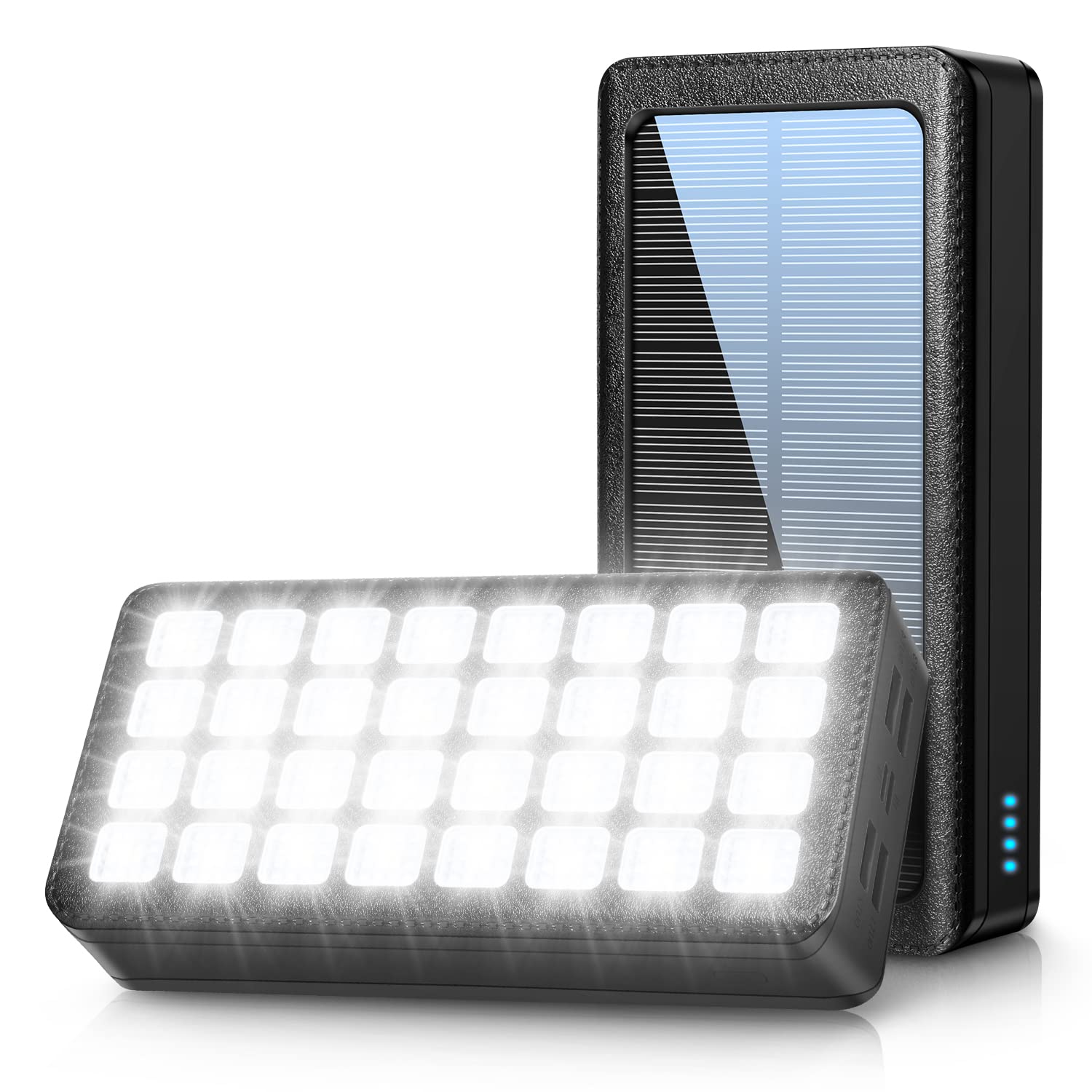 Solar Power Bank 30000mAh, Portable Solar Charger with 4 Outputs Solar Phone Charger USB C Solar Powered Charger 32 LED Flashlights iPhone iPad Samsung Suitable for Camping Outdoor Traveling (Black)