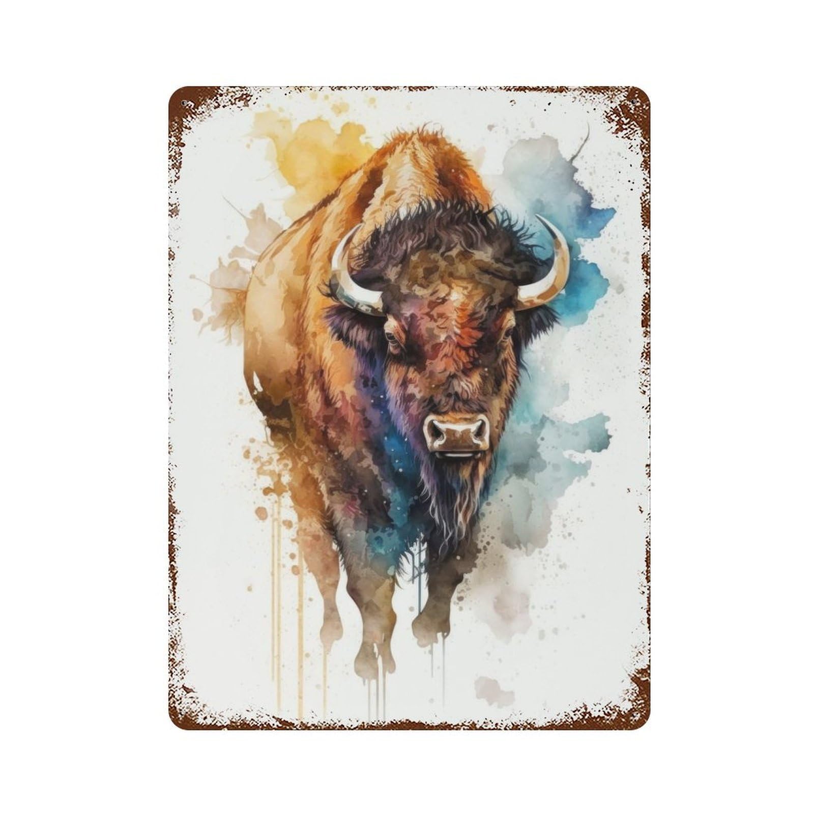 Rust Effect Watercolor Bison Vintage Rust Metal Sign 15.7"x11.8", Classic Wall Plaque for Shed, Workshop And Garage Wall Decor