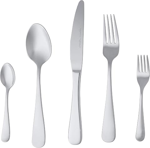Amazon Basics Juego de cubertería de acero inoxidable de 20 piezas con borde redondeado, servicio para 4, Plateado