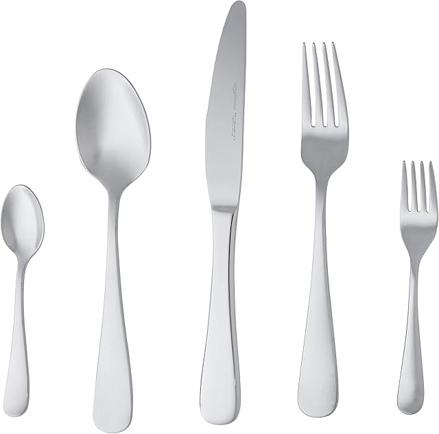 Amazon Basics 20-Piece Stainless Steel Flatware Set with Round Edge, Service for 4