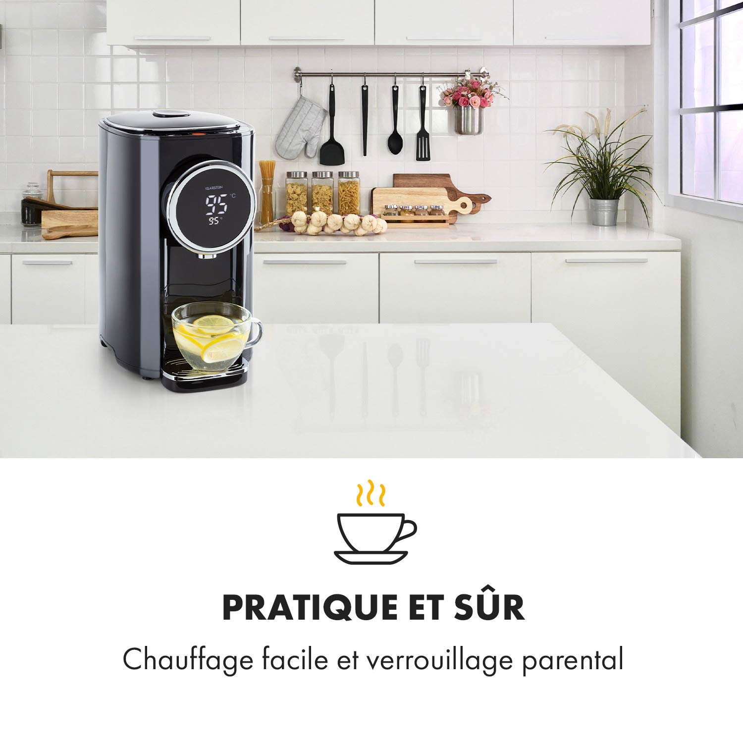 Klarstein Hot Spring Plus - Distributeur d'eau chaude : réservoir d'eau: 5L, écran LCD, températures: 45-95 °C, réservoir d'eau en inox, sécurité enfants et anti-surchauffe, noir