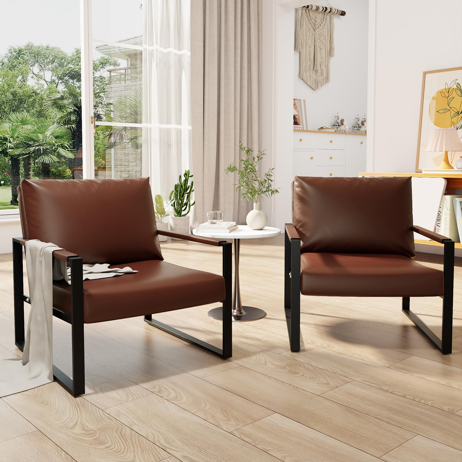 Recaceik Modern Accent Chair Set of 2, Arm Chairs Faux PU Leather Single Large Upholstered Sofa Chair,Ergonomic Lounge Living Room Chair for Bedroom