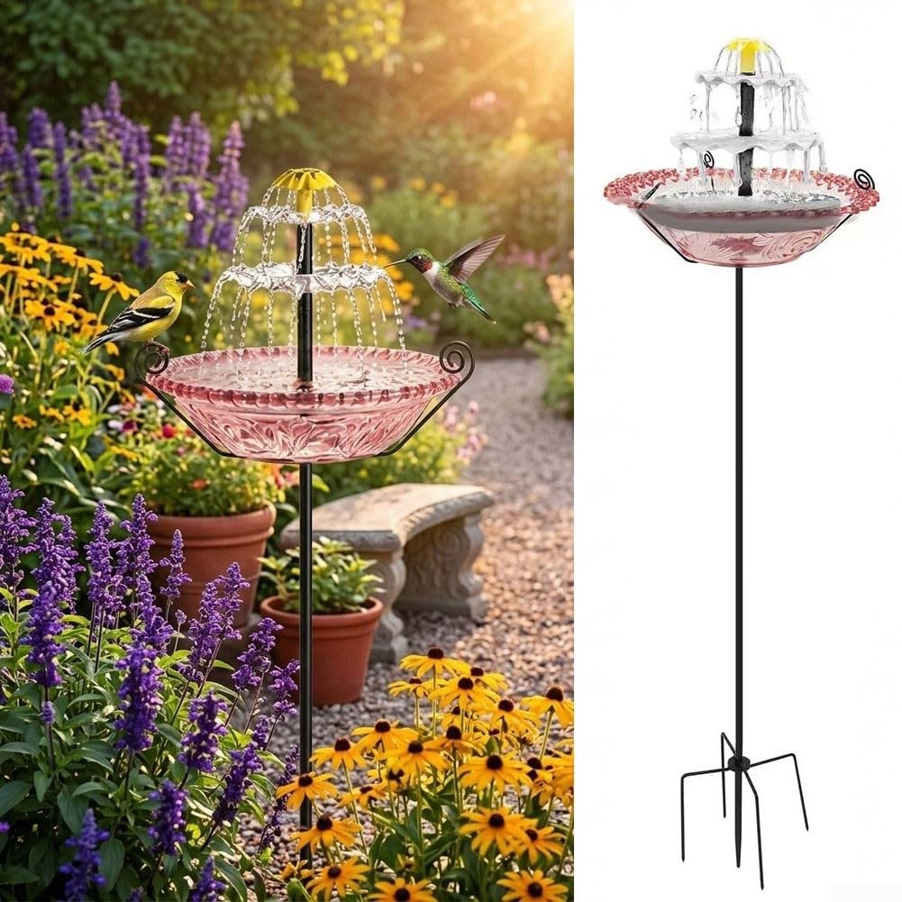 Solar Powered Garden Fountain With Birdbath And Stand Outdoor Water Feature Sunlight Operated No for battery Cordless Design Separate Solar Panel(Pink)
