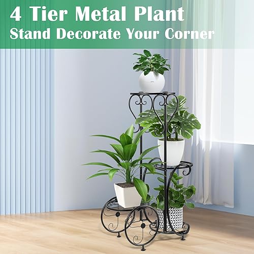 Miniatura 3 de OUDUOPLANT Soporte de metal para plantas para interiores y exteriores, soporte de flores negras de 4 niveles, resistente y más equilibrado, 27