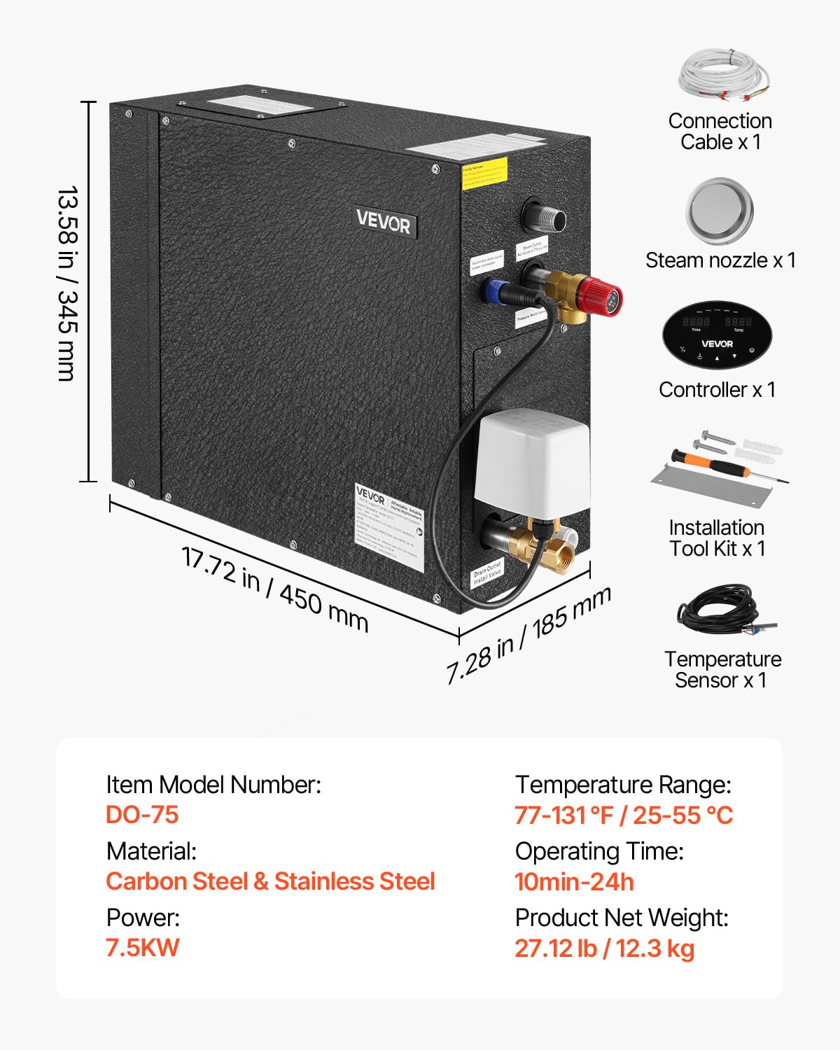 VEVOR Generador de Vapor 7,5 kW para Sauna, Ducha, Baño, Spa, con Controlador, Kit de Drenaje Automático, Protección contra Sobrecalentamiento, Funcionamiento en Seco, 485 x 185 x 380 mm, Negro