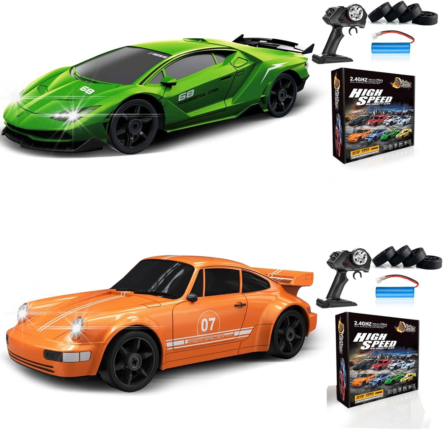 2PCS RC Drift Car 1:24 Remote Control Car 4WD 15KM/H High Speed Racing Sport Car with LED Lights RC Cars Toy Cars for Kids Boys Girls Adults Gifts Birthday Christmas Rechargeable Batteries