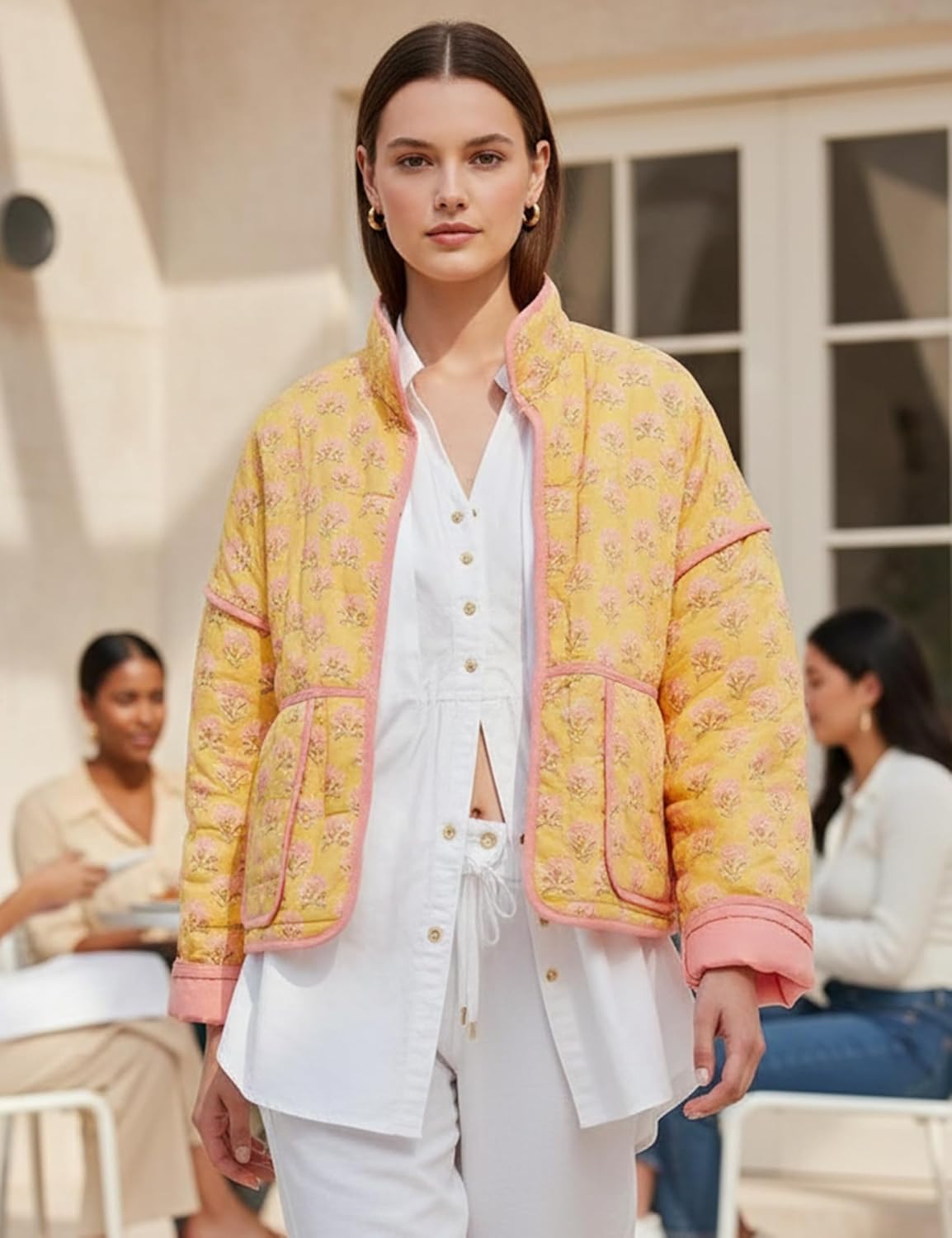 Womens Floral Quilted Jackets Lightweight Cropped Button Down Padded Puffer Jacket Winter Warm Coats - Image 7