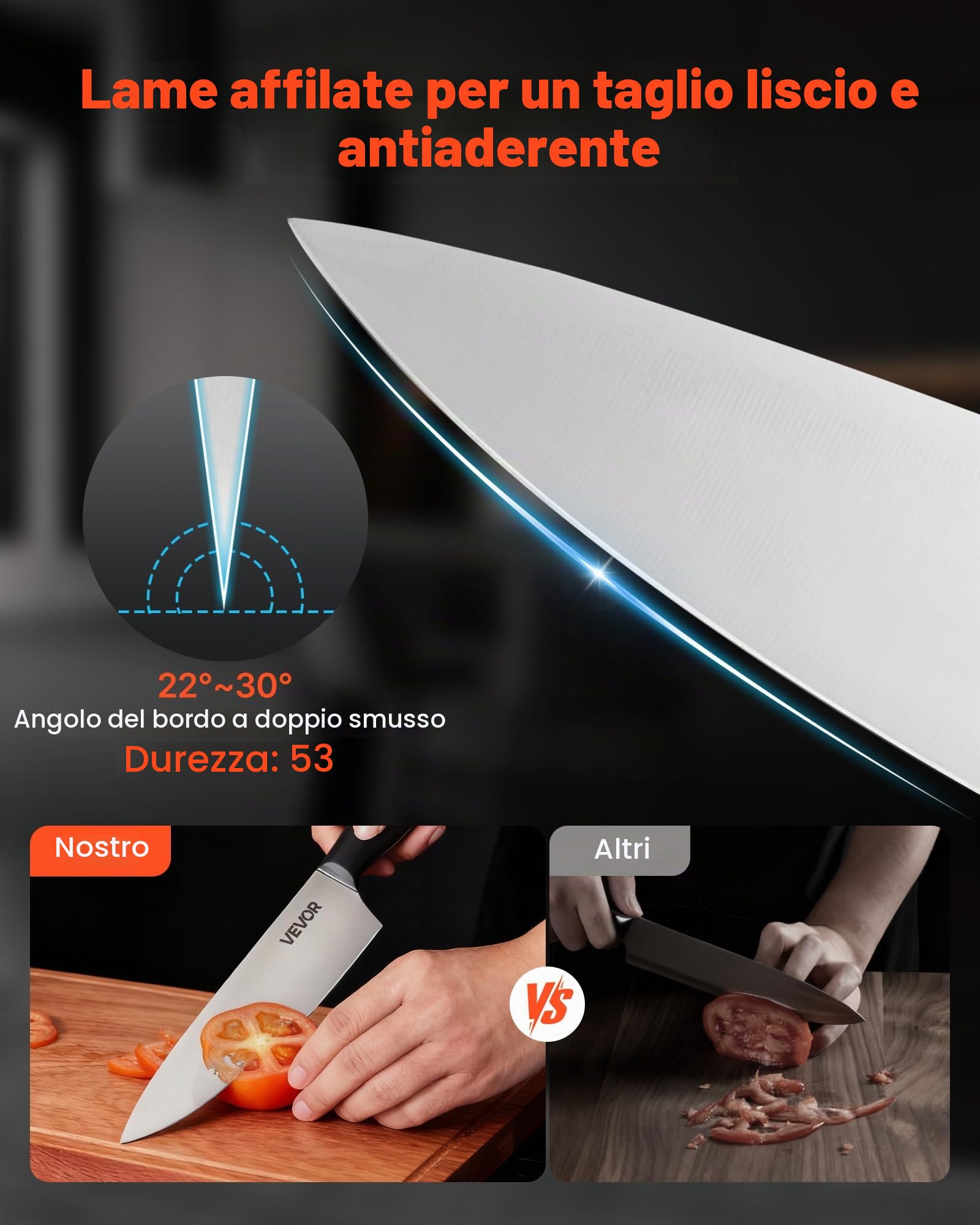 VEVOR Set di Coltelli da Cucina con Ceppo Portacoltelli Legno di Pino e Acciaino da 15 Pezzi in Acciaio Inossidabile ad Alto Tenore di Carbonio, Coltello da Cucina con Impugnatura Ergonomica in ABS