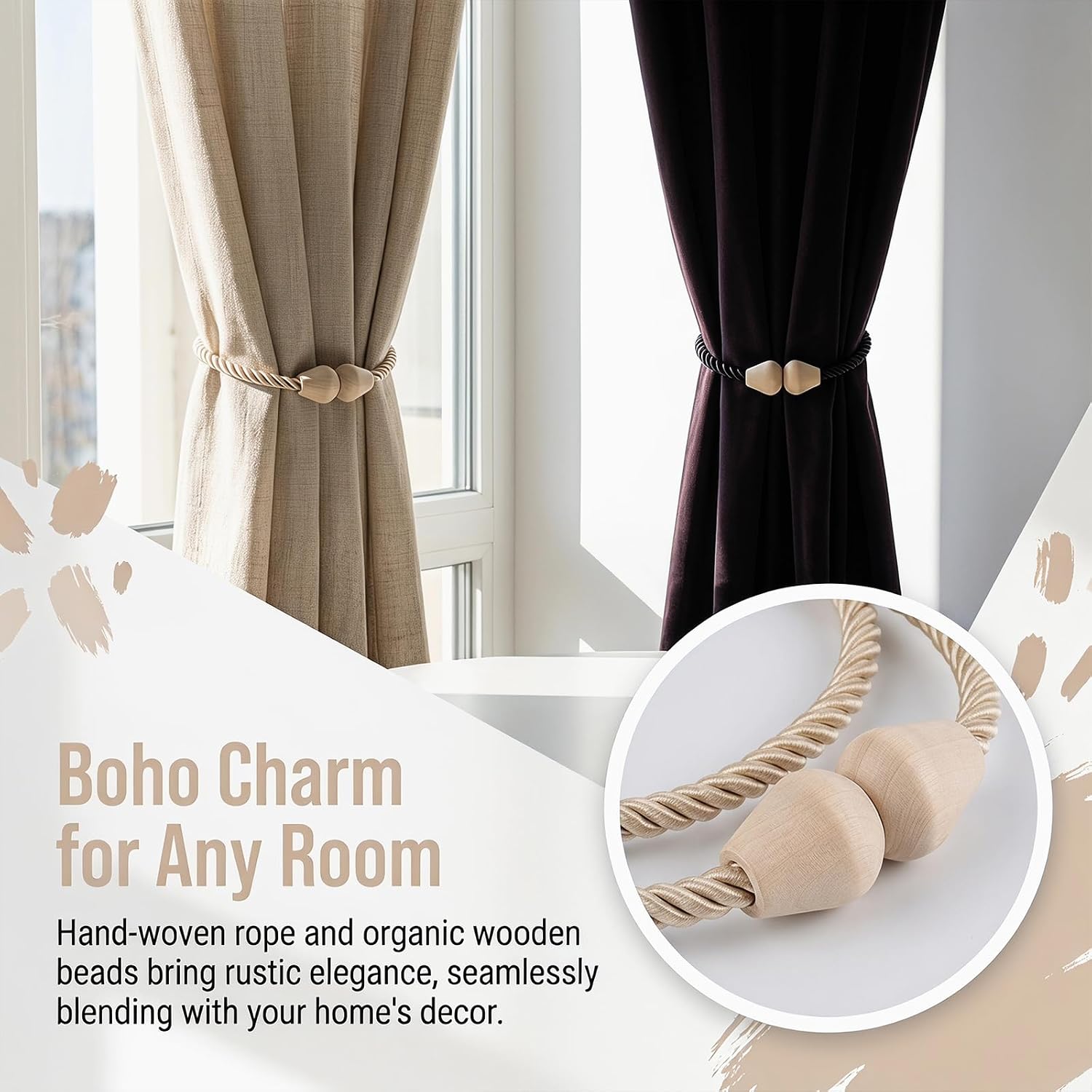 12 Pack Boho Wood Magnetic Curtain Tiebacks | Boho Wooden Decorative Rope, Strong Magnetic Holdbacks, For Home, Office and Outdoor, Window Draperies
