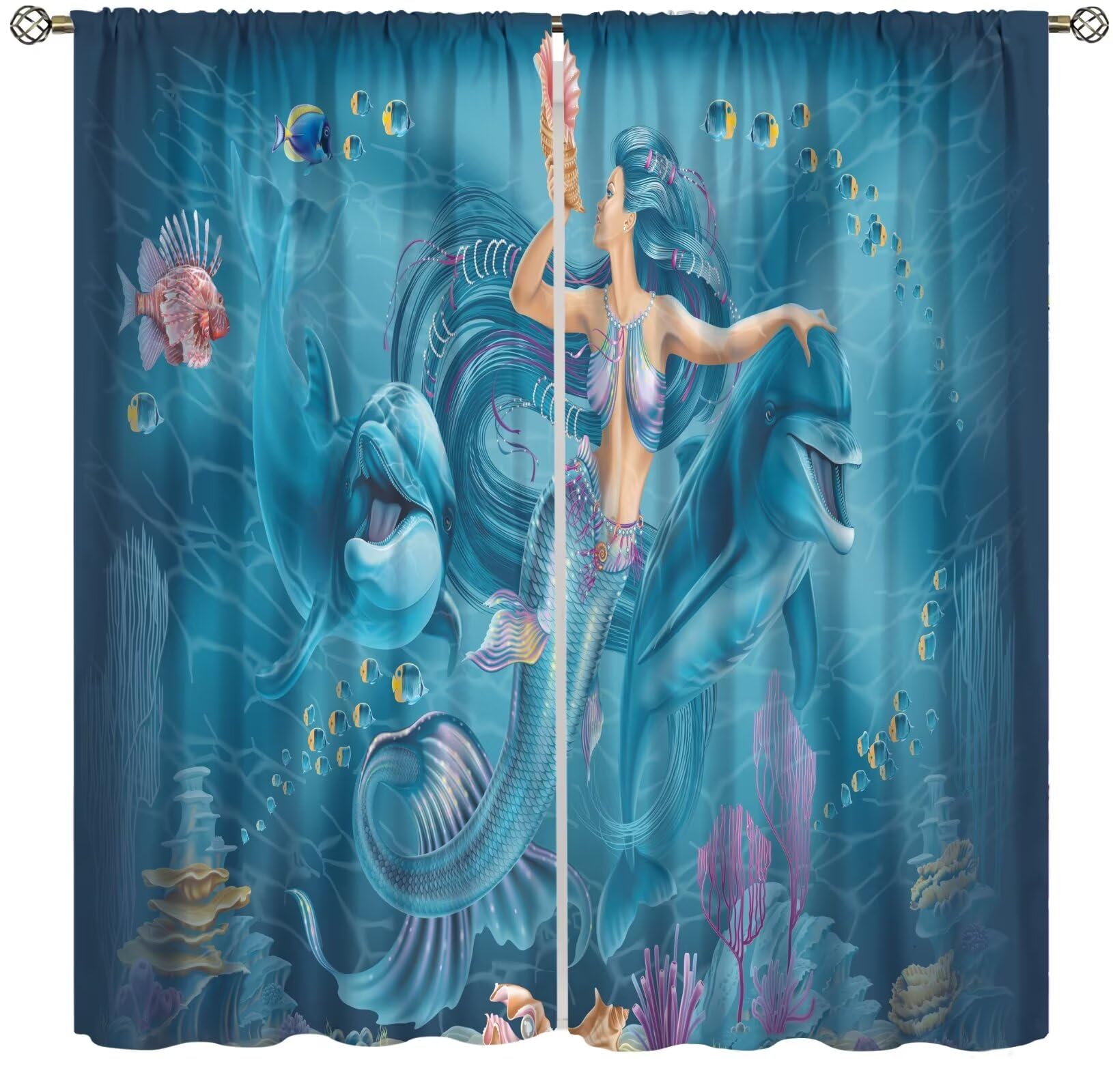 wlsgdsg Mermaid Dolphin Blackout Curtain, Girl Kids Sea Animal Underwater Fish Seashell Window Curtains for Bedroom Living Room Cafe Kitchen Dining Room Drapes Decor, 42x45 in